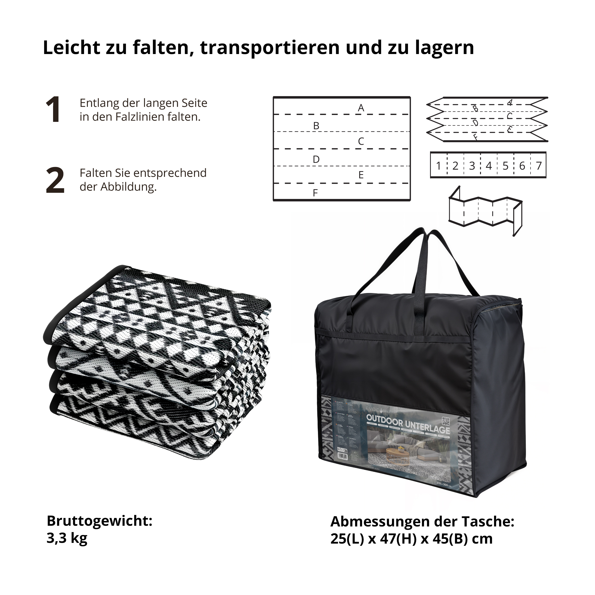 Gefaltete Outdoor-Decke und Tragetasche mit Faltanleitung.