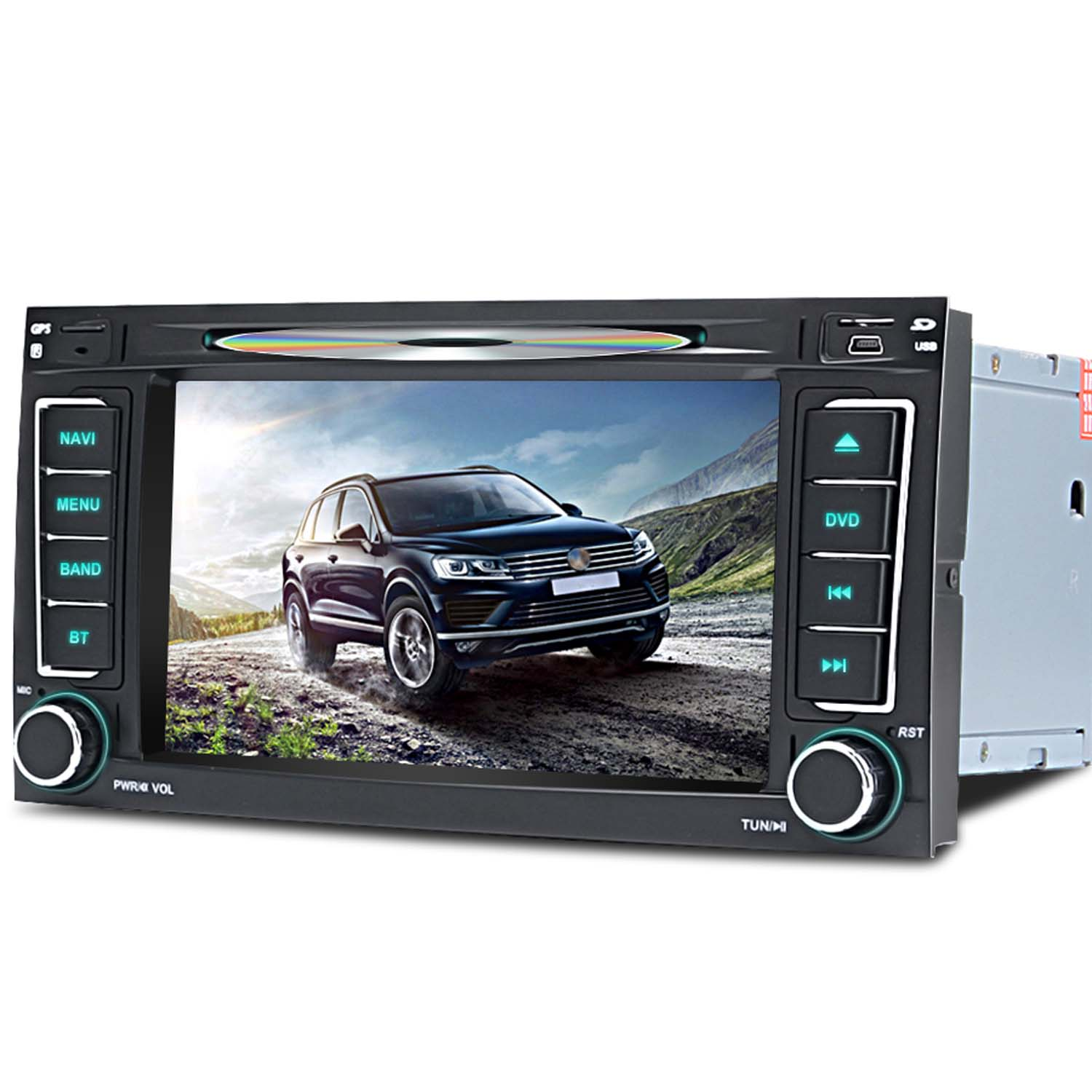 Ein Autoradio mit Touchscreen zeigt ein SUV auf einer Bergstraße.