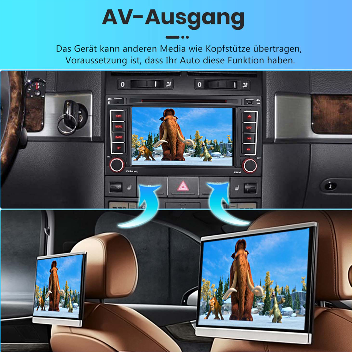 Ein Auto-Infotainmentsystem zeigt einen Mammut-Film auf dem Hauptbildschirm und zwei Kopfstützenmonitore.