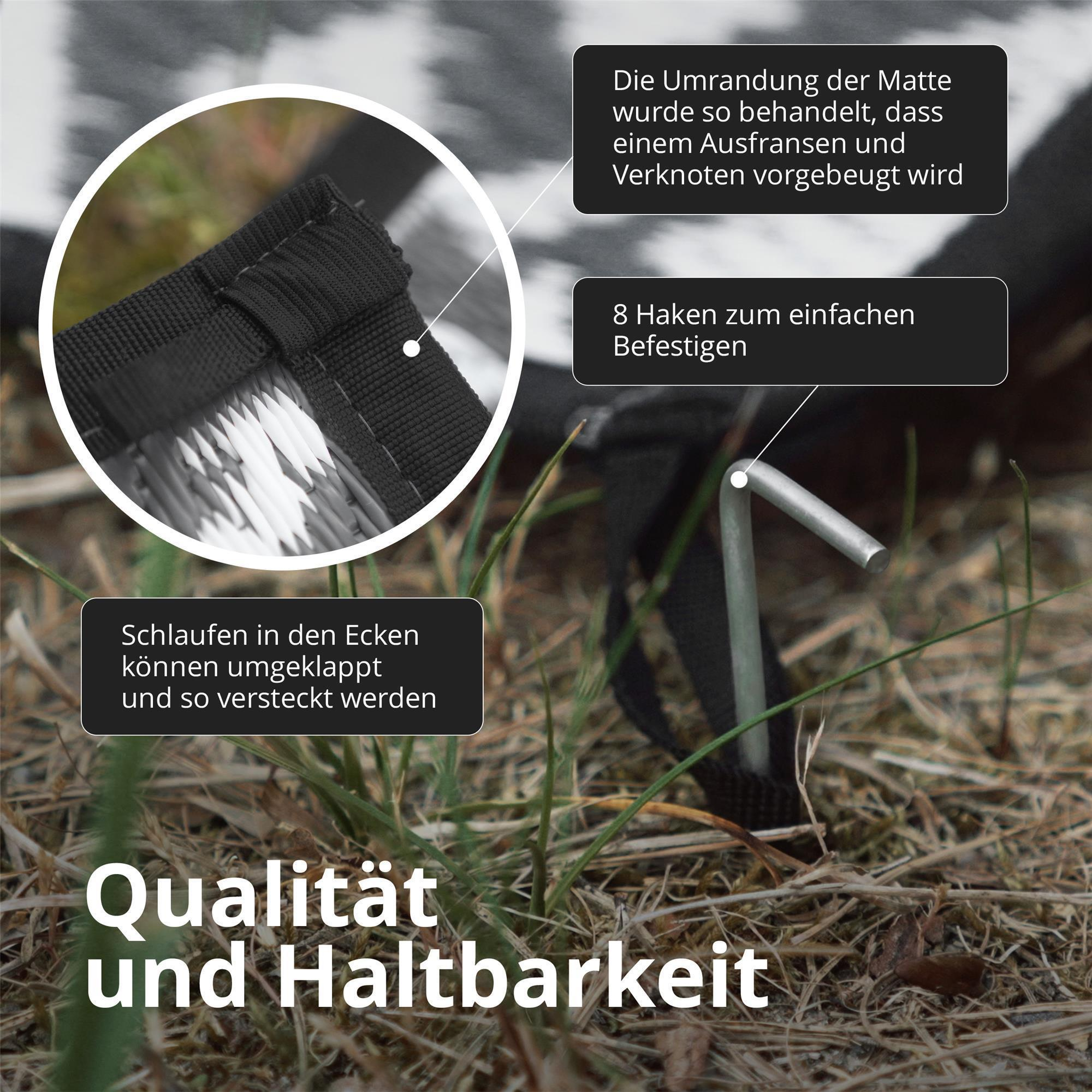 Detailaufnahme einer Matte mit Schlaufen, Haken und Text 'Qualität und Haltbarkeit'.