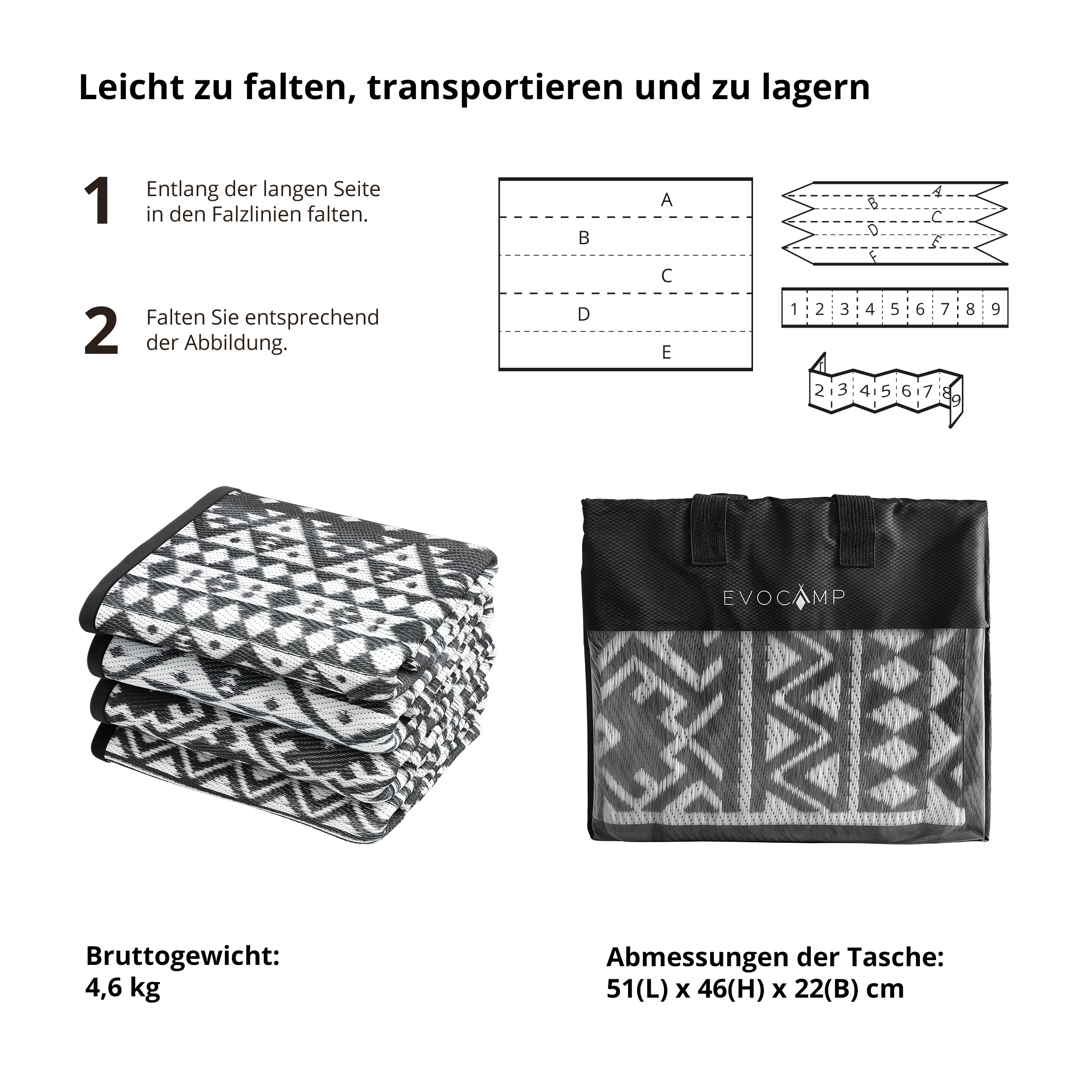 Gefaltete Matte mit Muster und Tragetasche. Links eine gestapelte Matte, rechts eine Tasche.