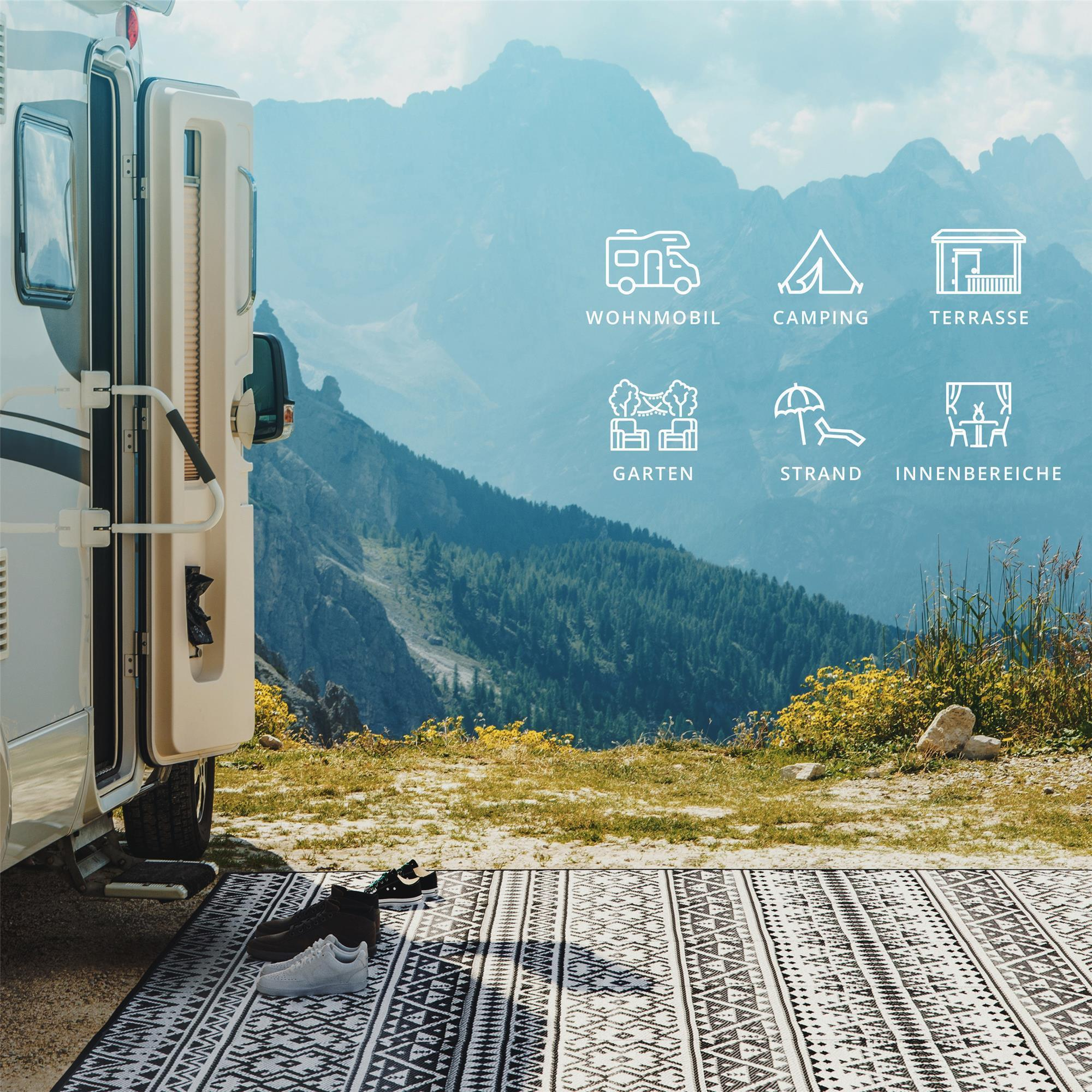 Ein Wohnmobil steht auf einem Teppich mit Bergkulisse. Symbole zeigen Wohnmobil, Camping, Terrasse, Garten, Strand, Innenbereiche.