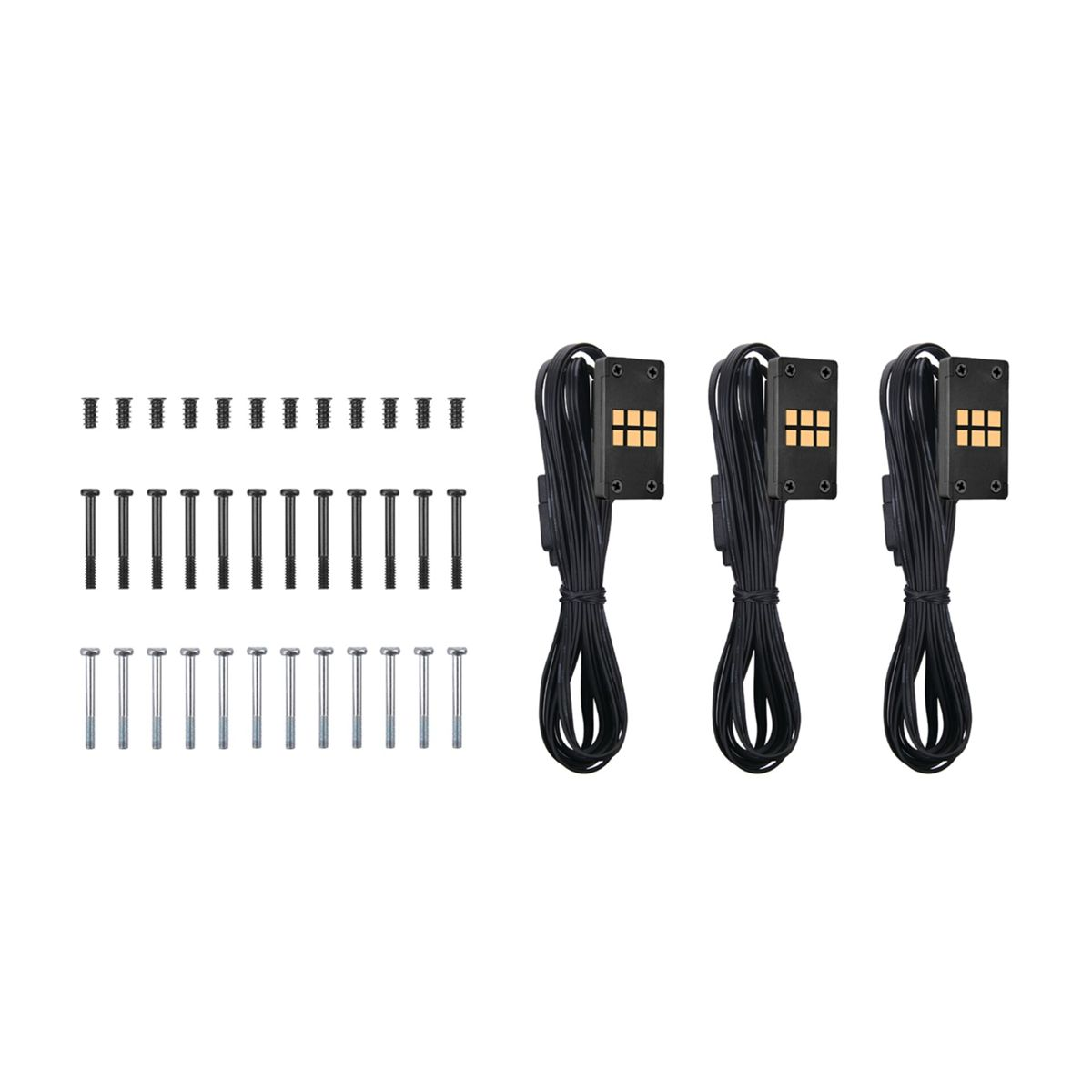 Drei LED-Beleuchtungsmodule mit schwarzen Kabeln und Befestigungsschrauben.