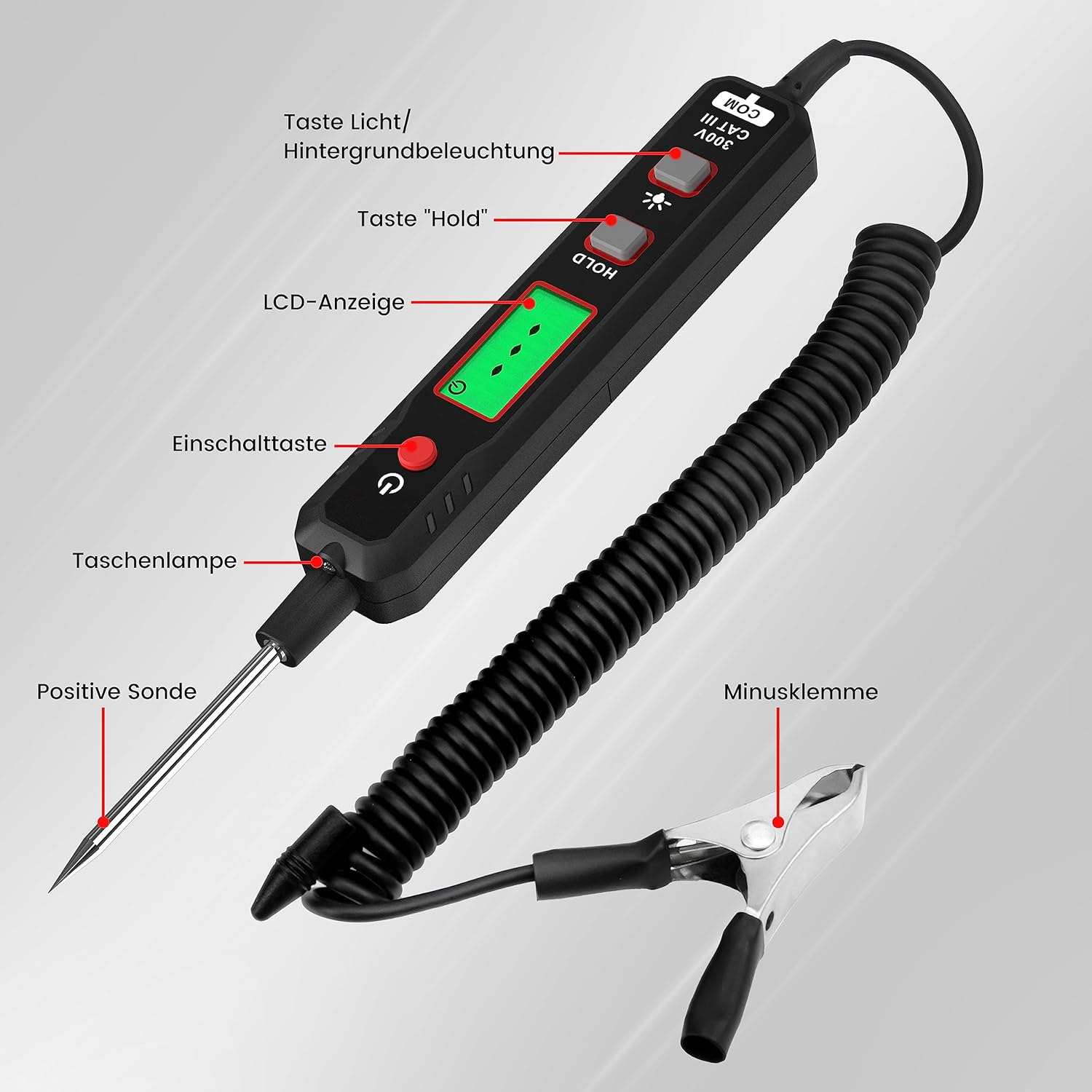 Ein schwarzer Spannungsprüfer mit LCD, Tasten, Taschenlampe, Sonde und Krokodilklemme.