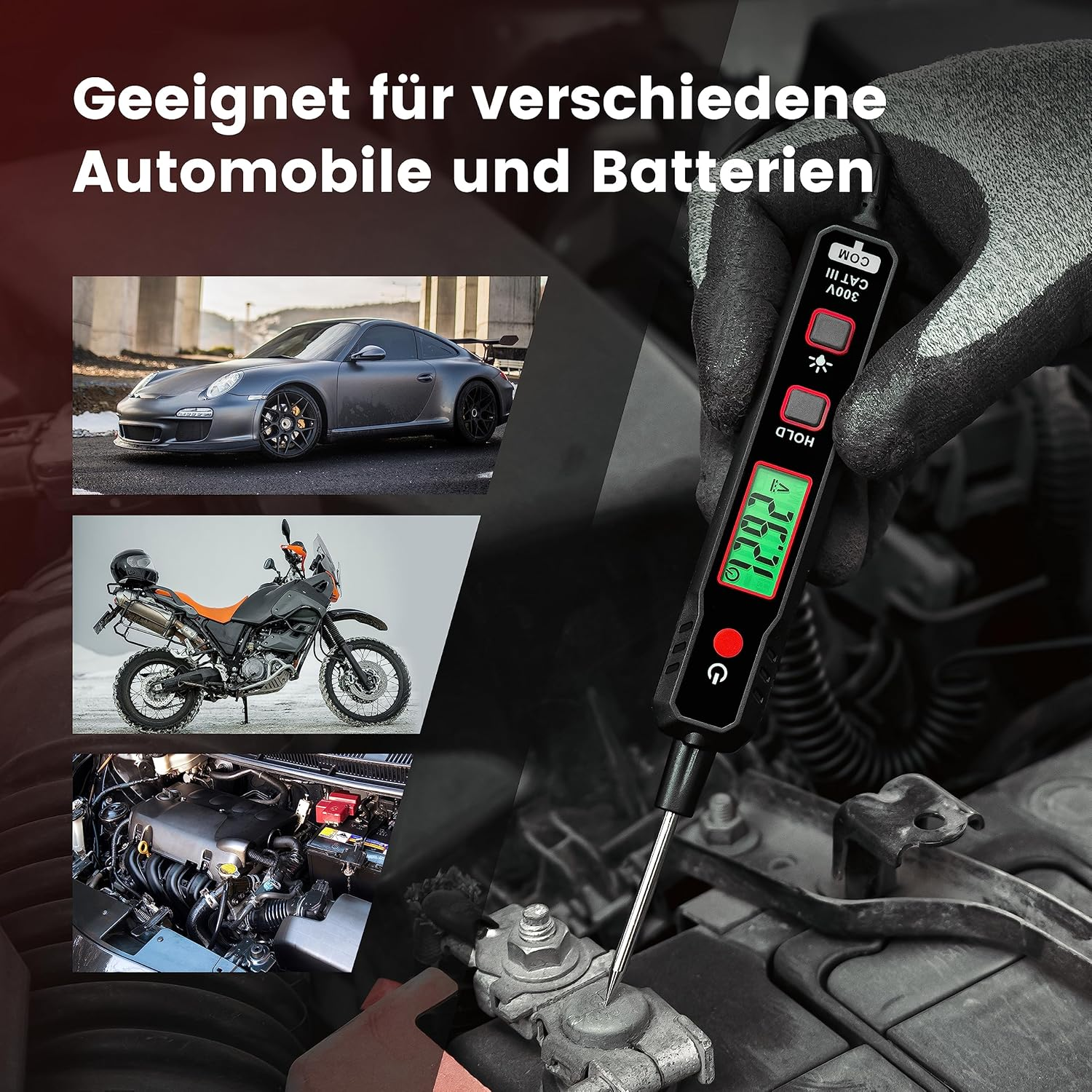 Ein Tester misst eine Autobatterie. Daneben sind ein Porsche, ein Motorrad und ein Motor zu sehen.
