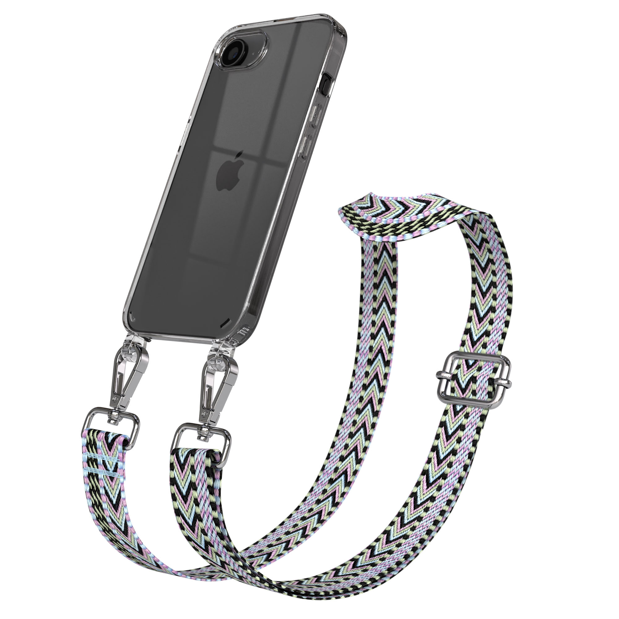 Transparente Hülle mit gemustertem Band und Silberclips, mit iPhone.