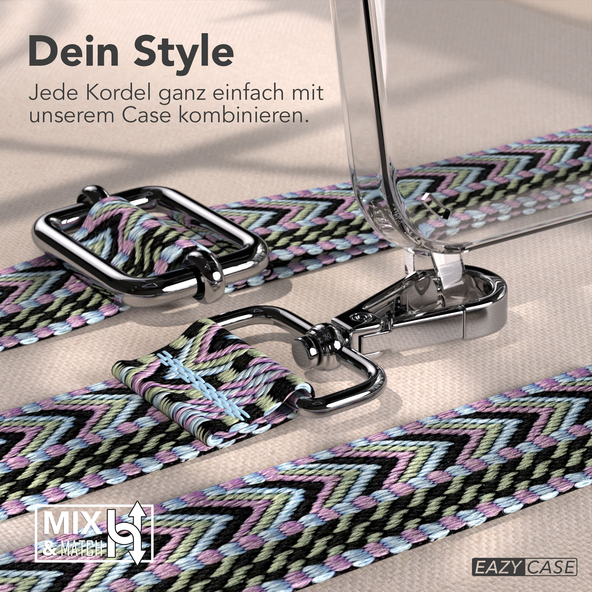 Ein Handyhülle mit einem farbenfrohen Band und Metallkarabiner.