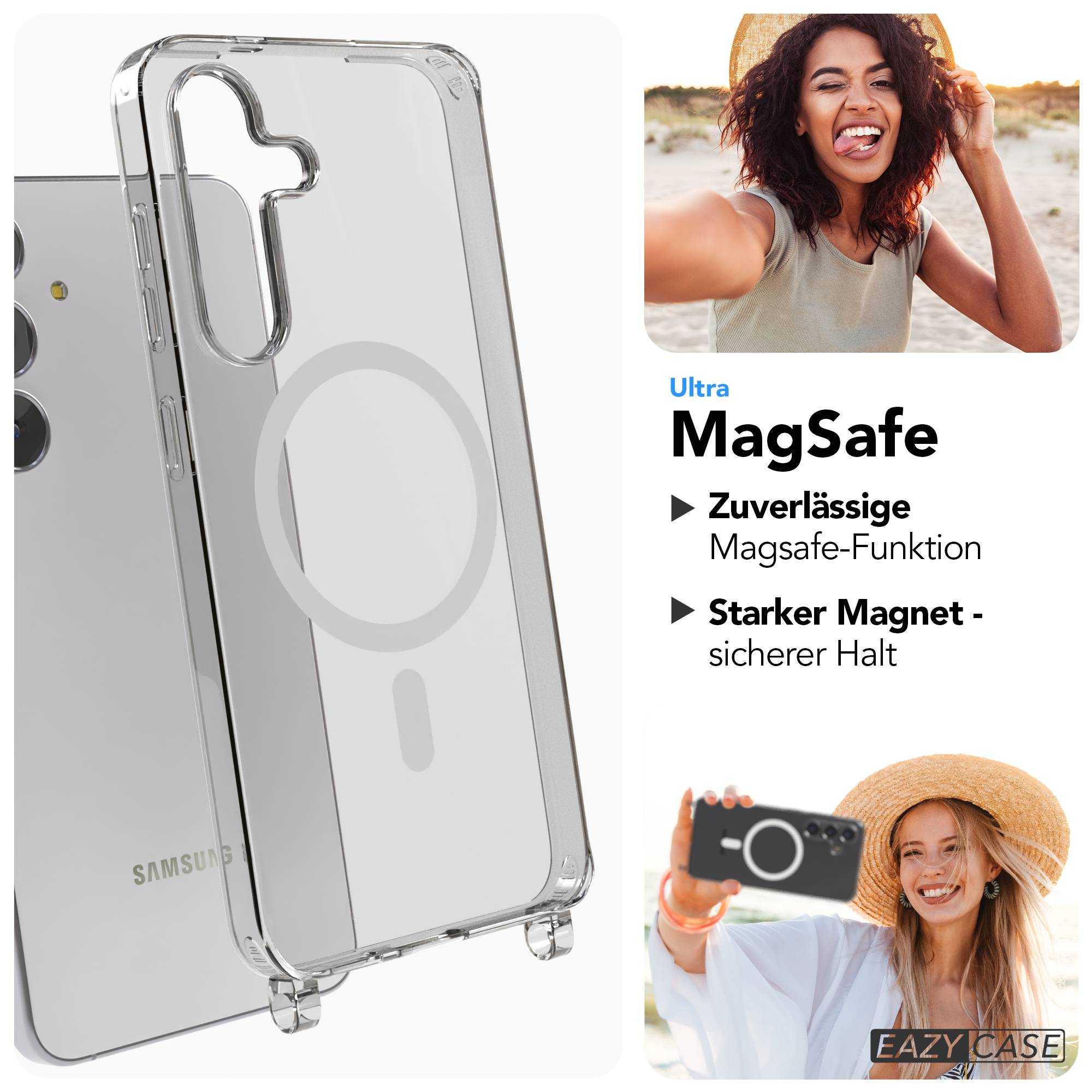 Transparente Handyhülle mit MagSafe-Ring neben einem Samsung-Telefon.
