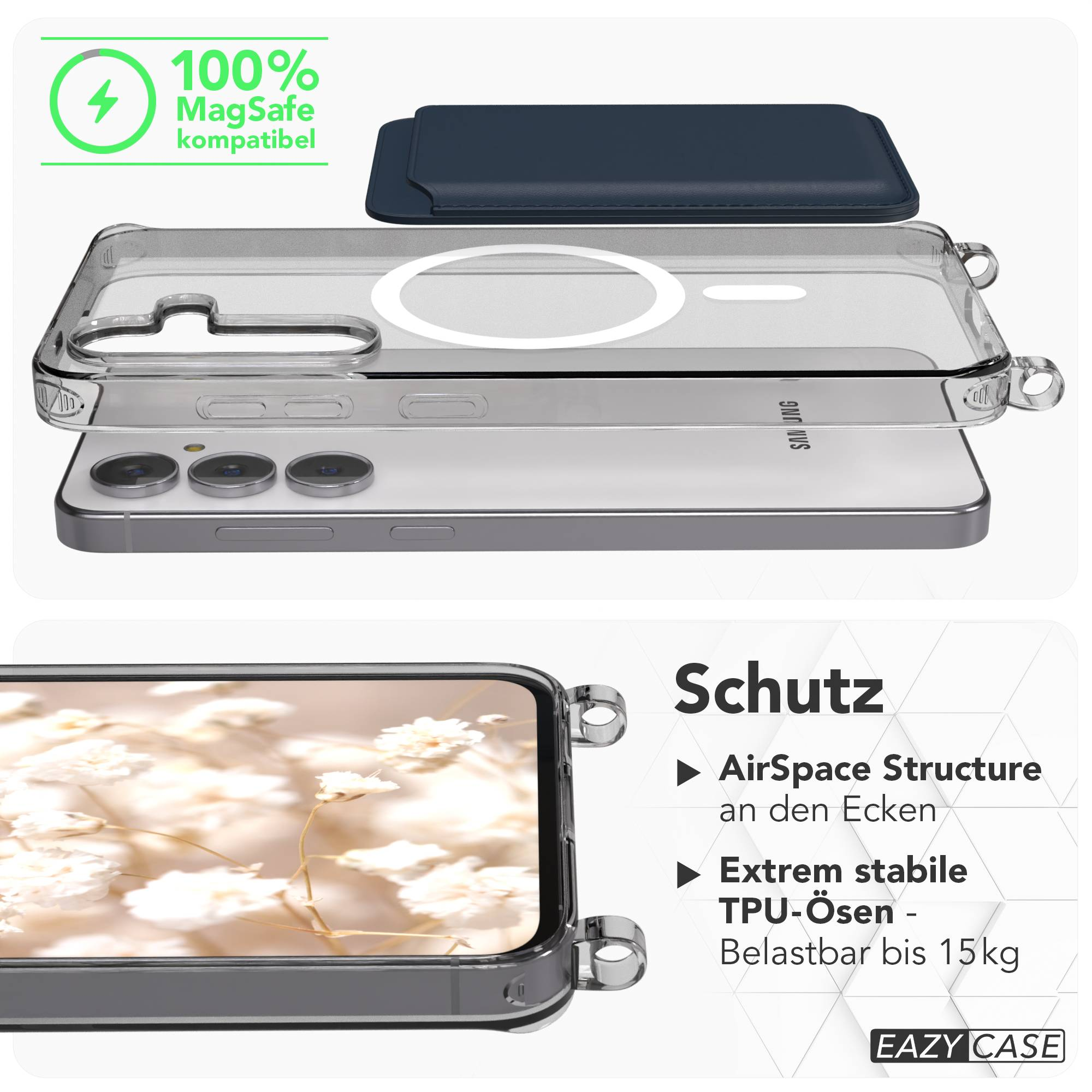 MagSafe kompatible Hülle über Smartphone, mit Text.