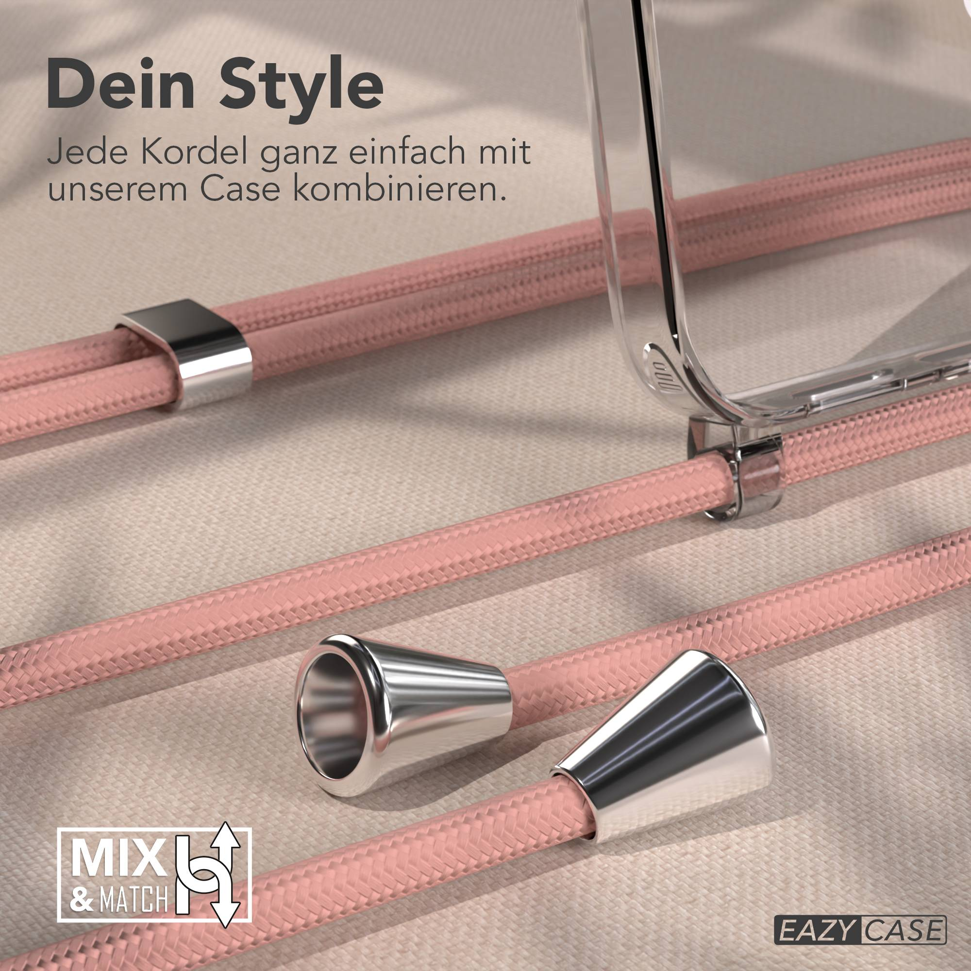 Ein durchsichtiges Handycase mit rosafarbenen Kordeln und silbernen Endstücken.