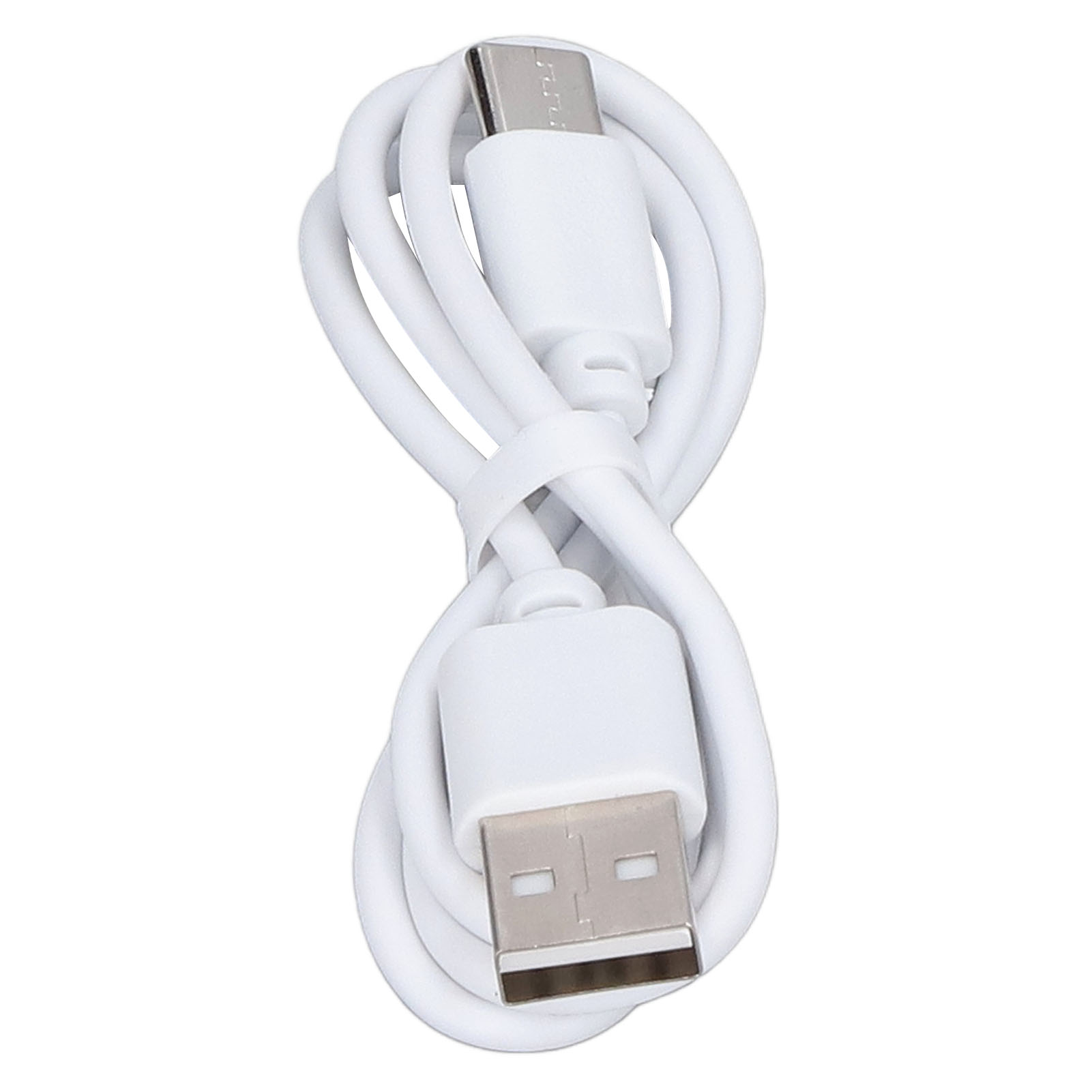 Ein weißes USB-Kabel mit verdrehten Anschlüssen.
