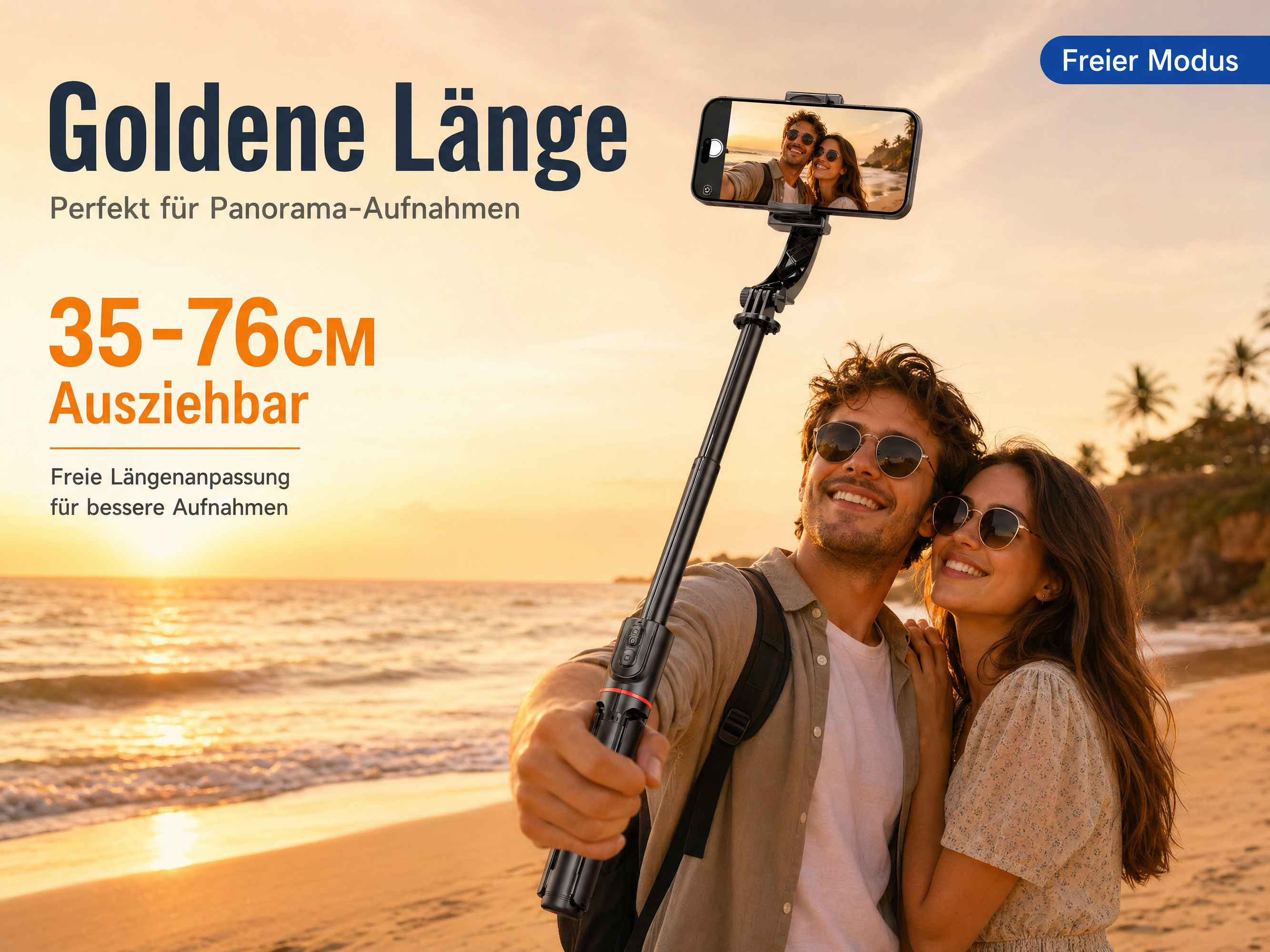 Paar macht ein Selfie am Strand mit Selfie-Stick bei Sonnenuntergang. Text: Goldene Länge.