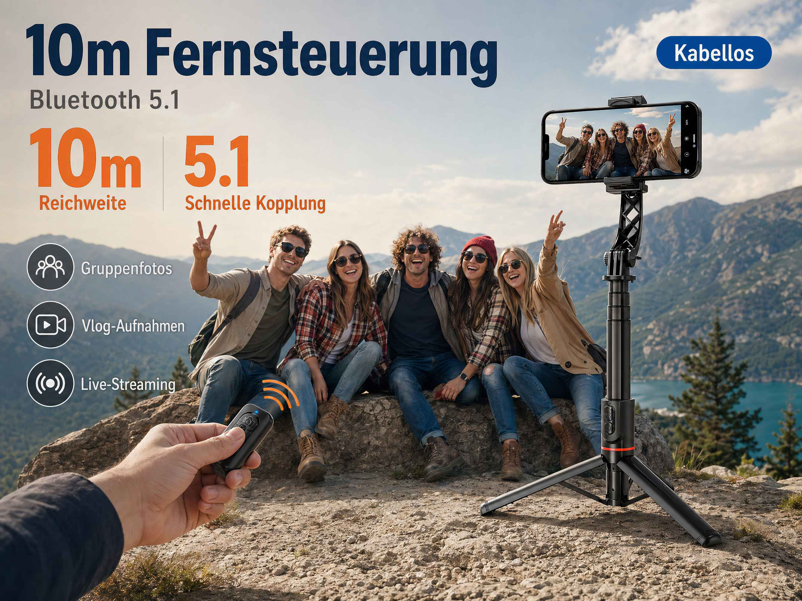 Fünf Freunde sitzen auf Felsen, eine Hand hält Fernbedienung. Handy auf Gimbal.