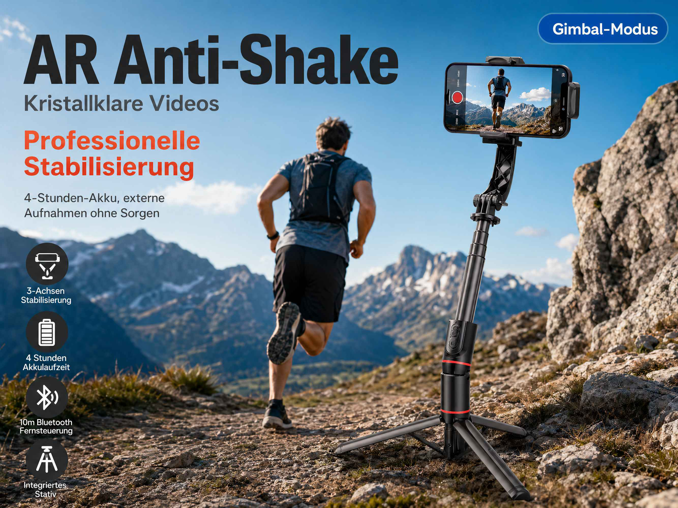 Läufer mit Gimbal in Berglandschaft. Text: AR Anti-Shake, Professionelle Stabilisierung.
