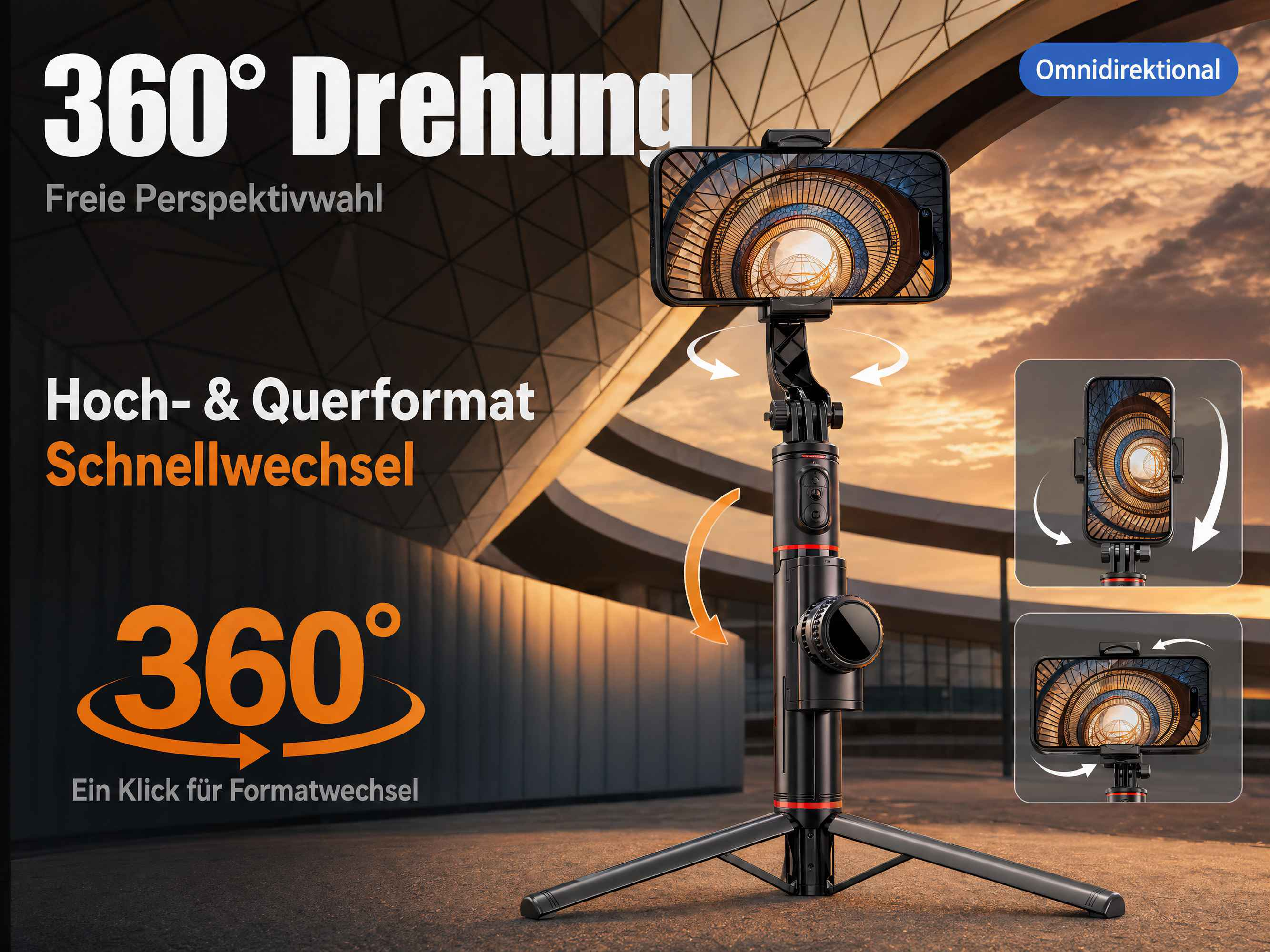 Ein schwarzer Gimbal mit Handyhalterung und Stativ, der 360-Grad-Drehung anzeigt.