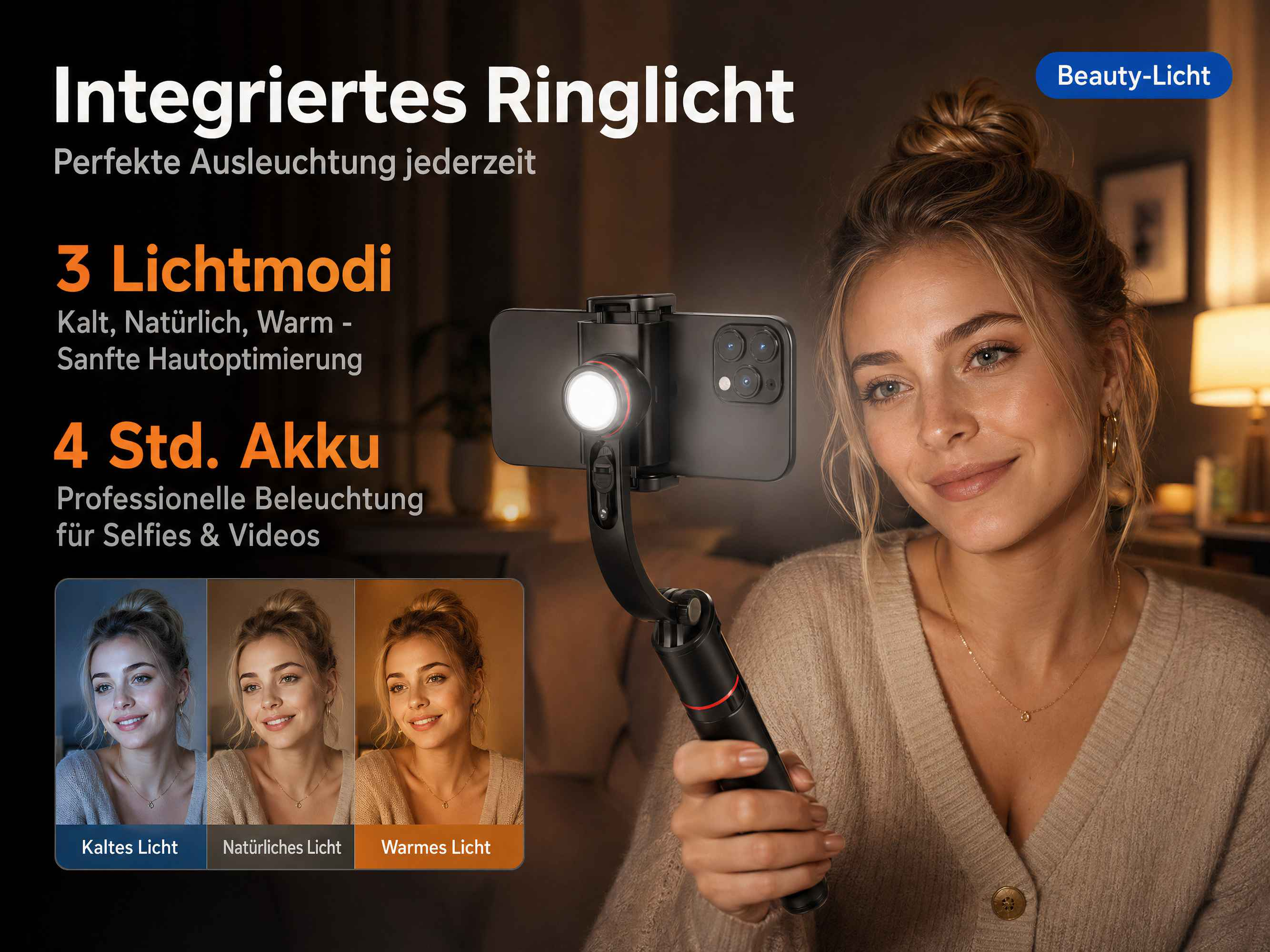 Frau mit Gimbal und Handy mit Ringlicht, zeigt drei Lichtmodi.