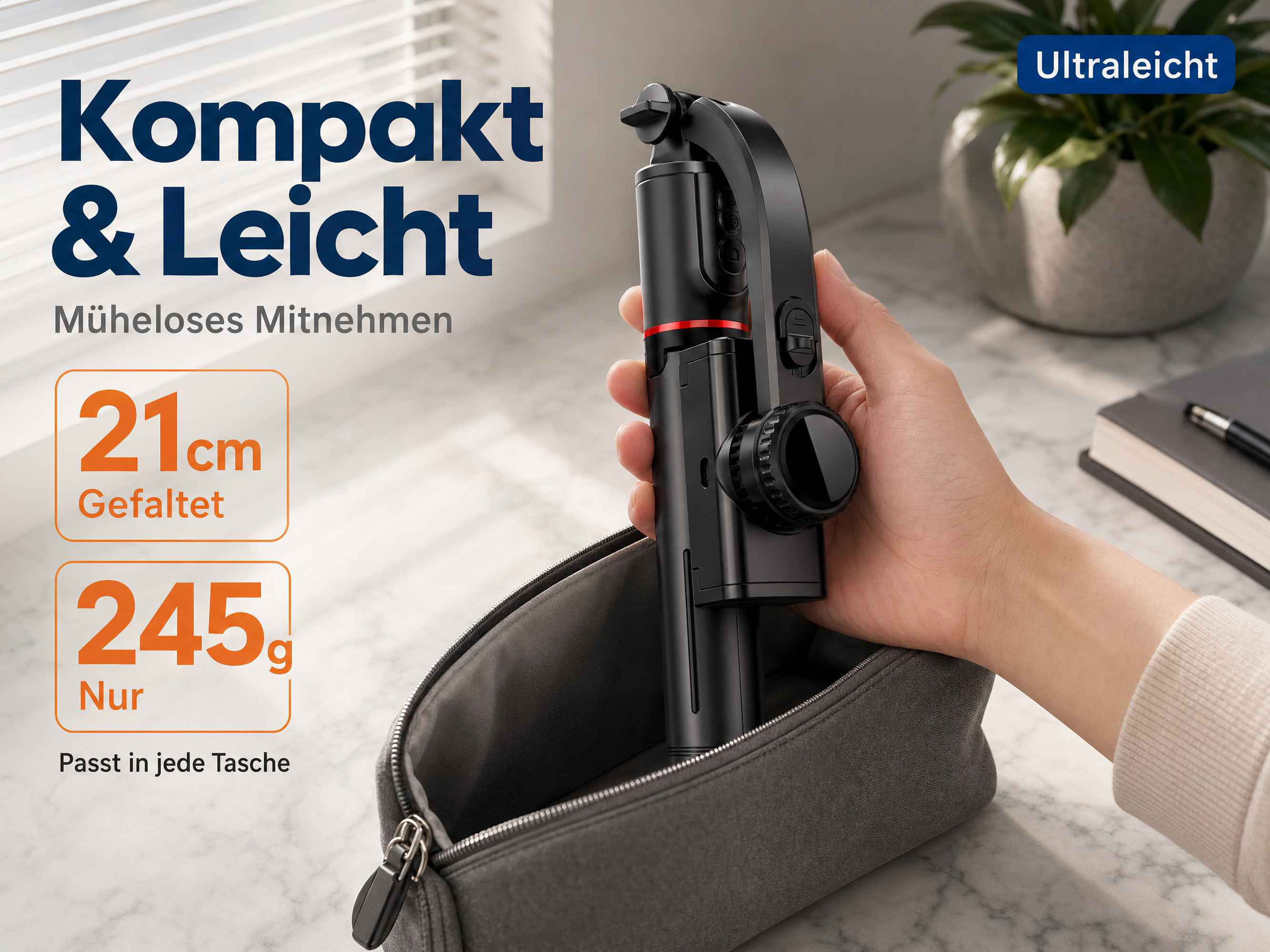 Hand hält schwarzen Gimbal-Stativ, passt in graue Tasche. 21cm gefaltet, 245g.