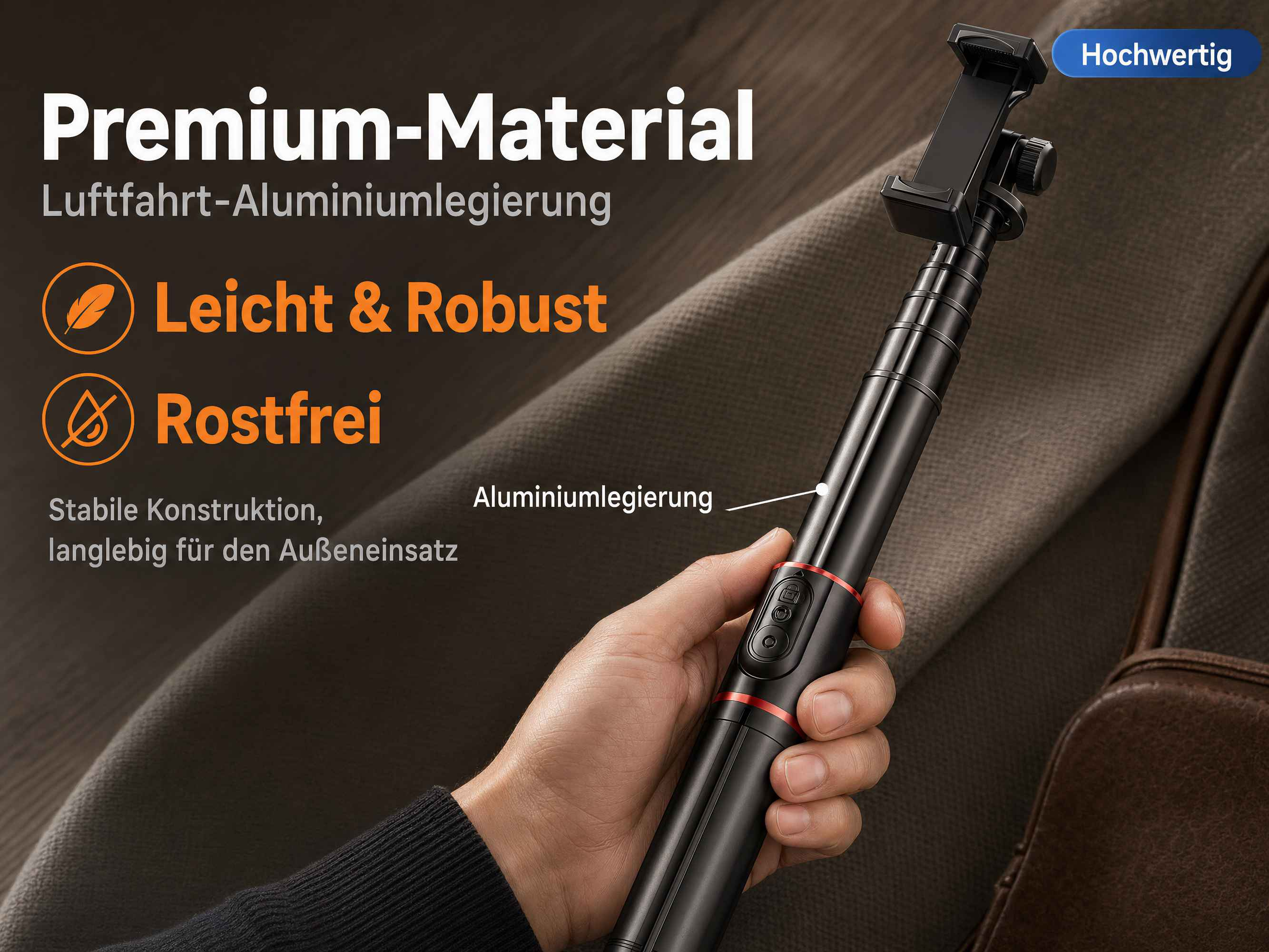 Hand hält schwarzen Selfie-Stick aus Aluminiumlegierung mit Smartphone-Halterung.