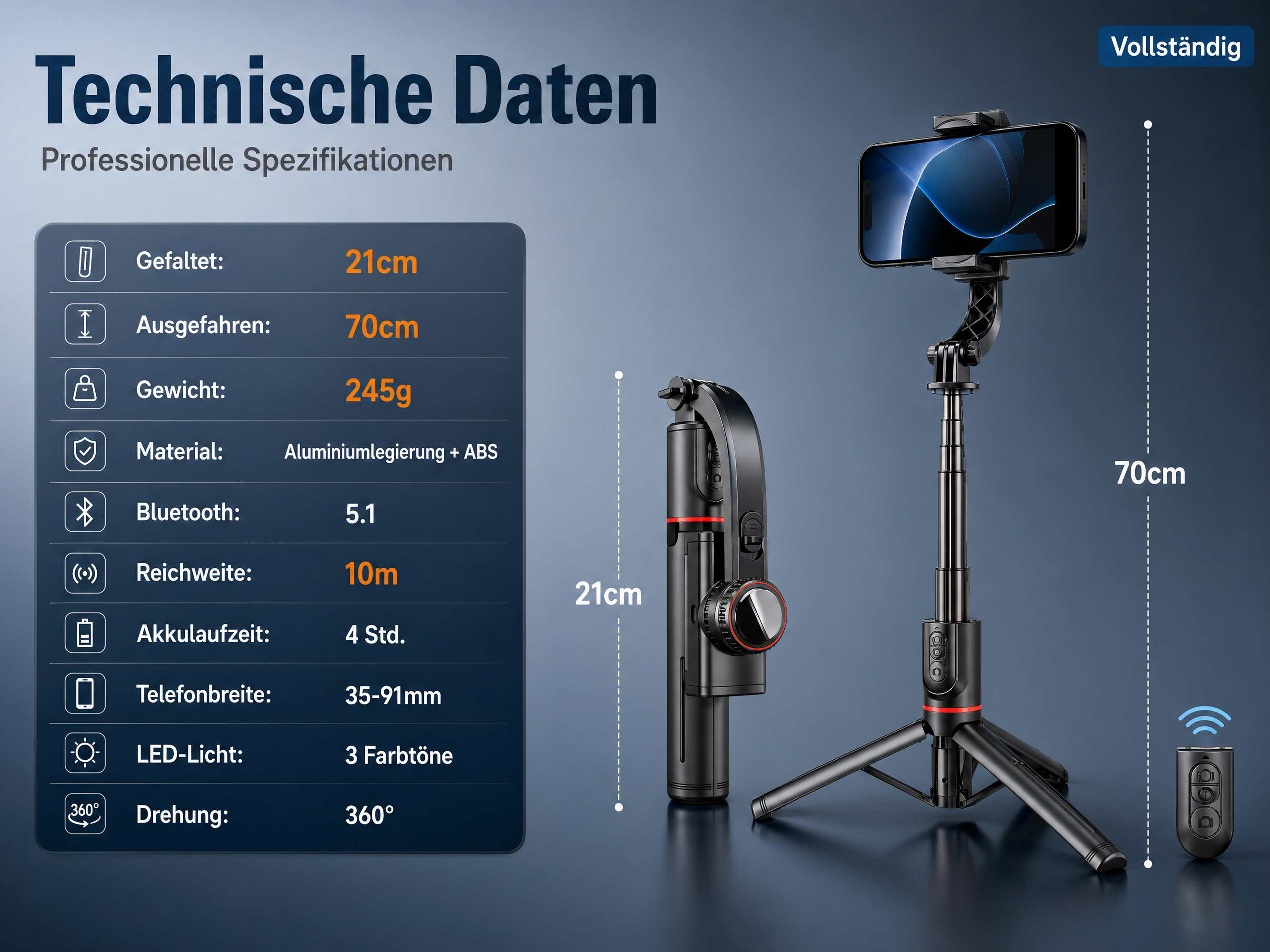 Ein schwarzer Gimbal mit Handy, auf einem Stativ stehend. Technische Daten daneben.