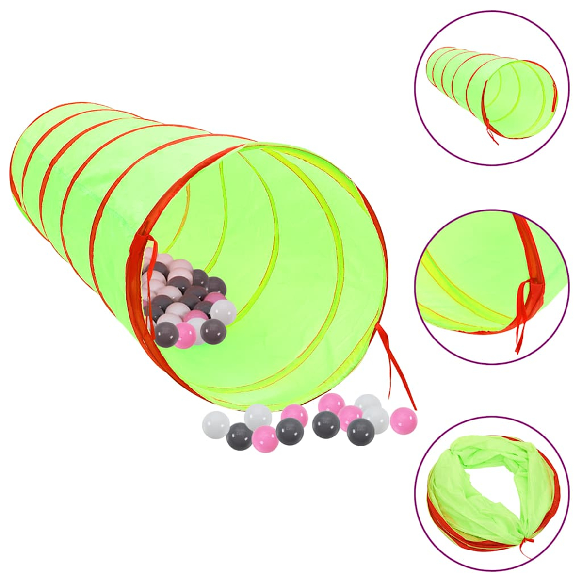 Un tunnel da gioco verde brillante con finiture rosse, riempito di palline colorate.