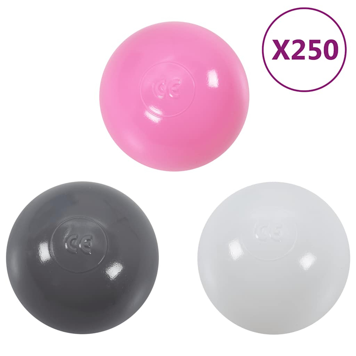 Tre palline colorate: rosa, grigio e bianco. Etichettato 'X250'.