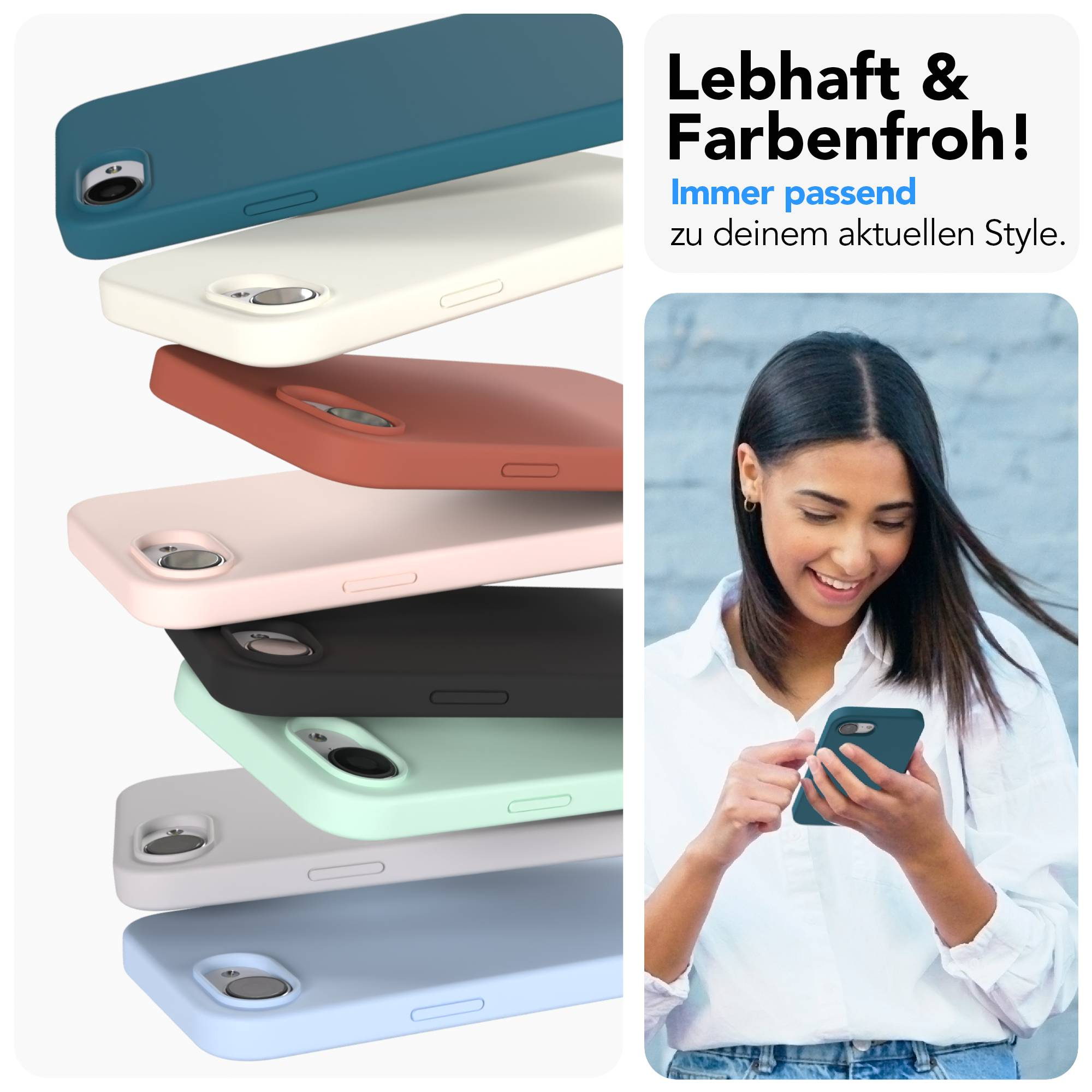 Mehrere bunte Handyhüllen und eine Frau mit einem Smartphone.
