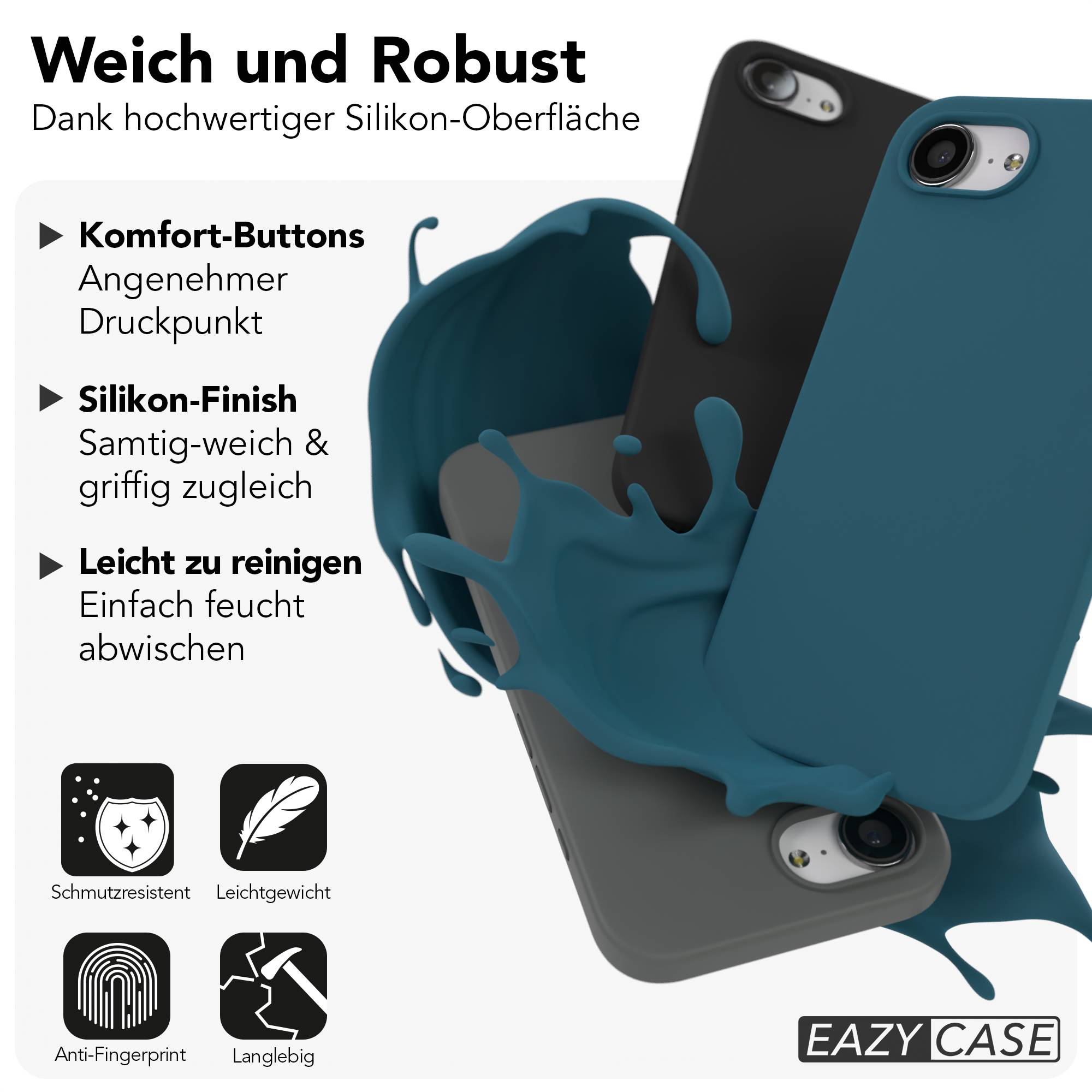 Drei Handyhüllen in Blau, Grau und Schwarz mit spritzendem blauer Flüssigkeit.