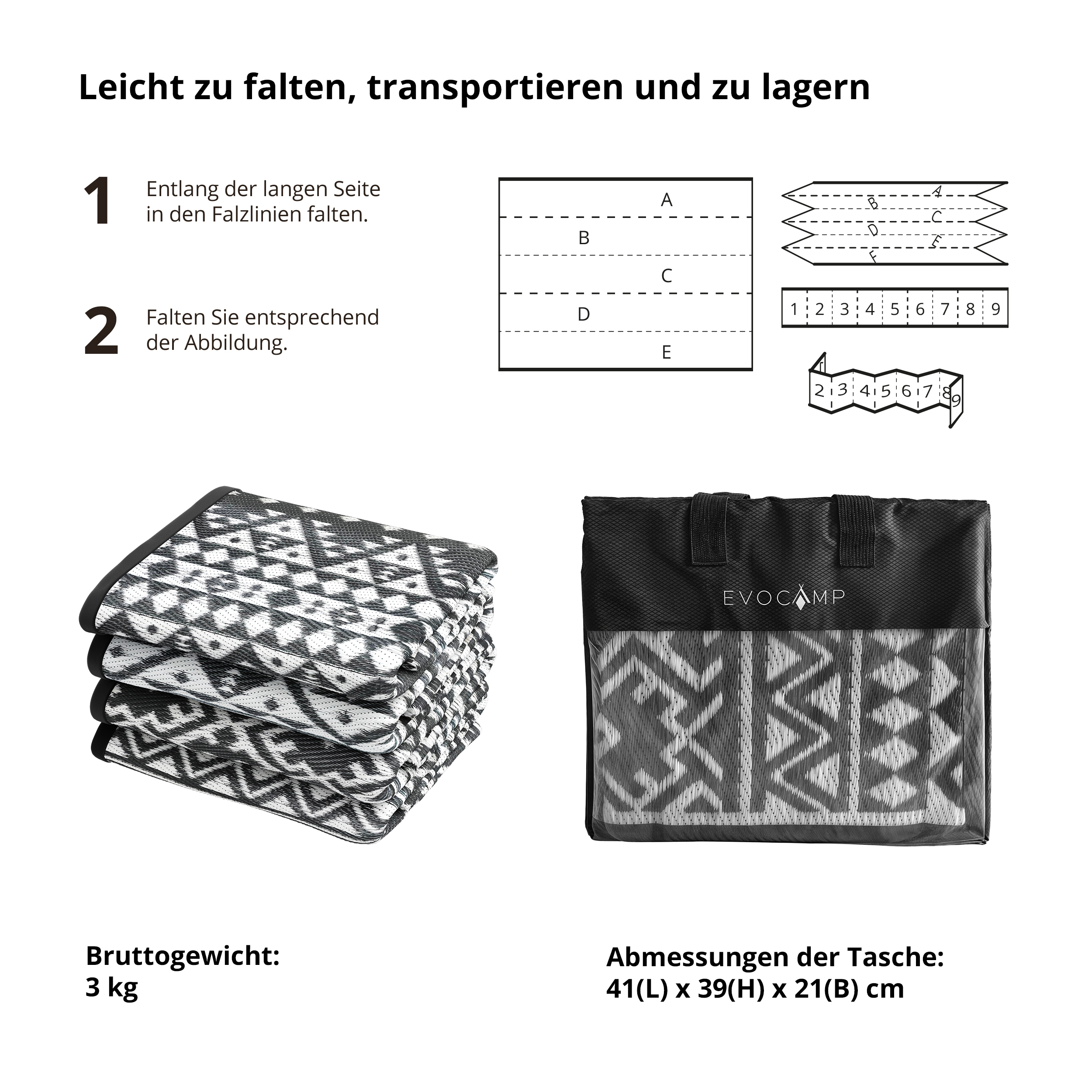 Ein gefalteter Teppich und eine Tragetasche, die die Faltanleitung zeigt.