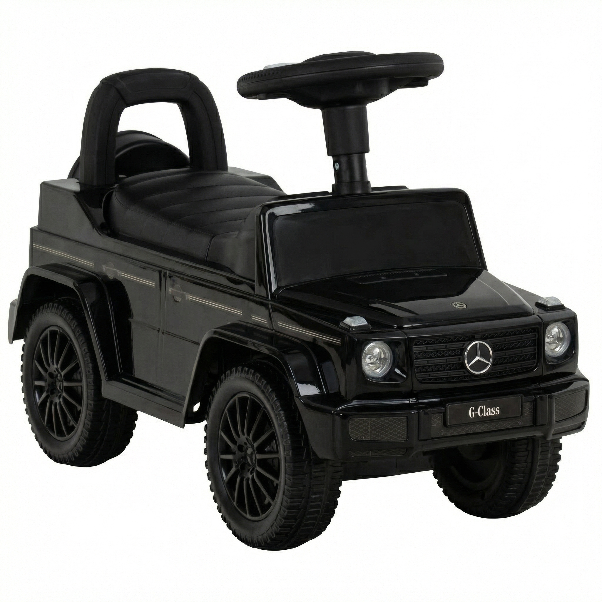 Ein schwarzes Mercedes G-Klasse-Fahrzeug-Spielzeugauto mit Lenkrad und Sitz.