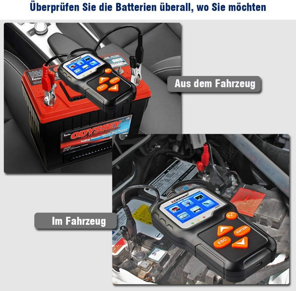 Ein Batterietester wird sowohl außerhalb als auch innerhalb eines Fahrzeugs verwendet.