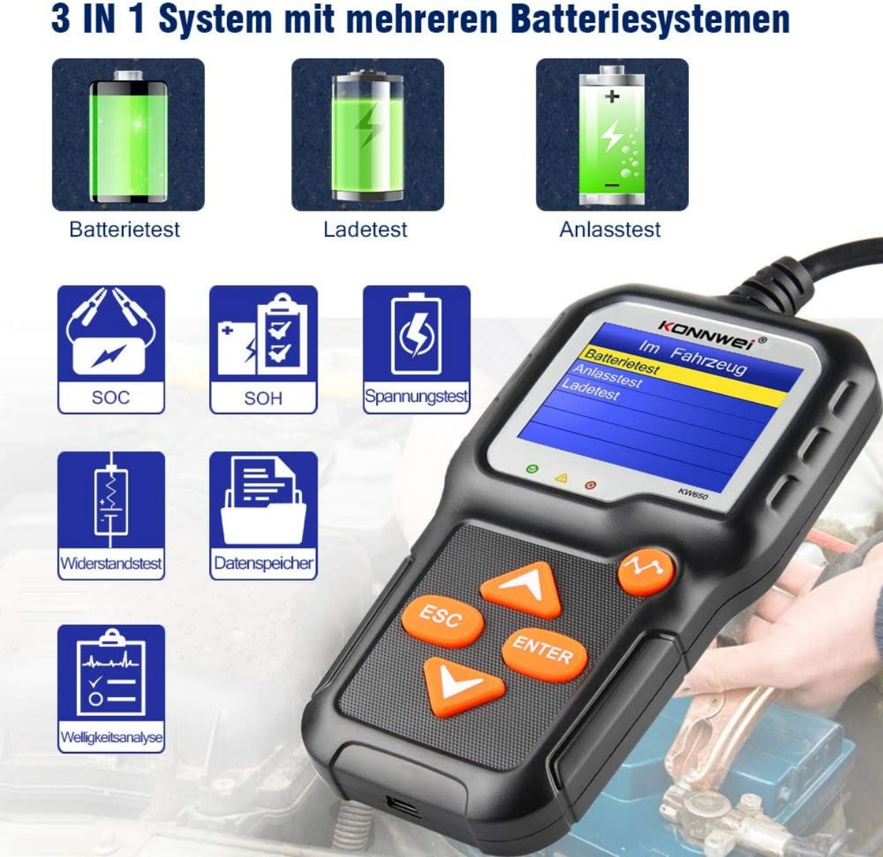Ein Batterietester zeigt verschiedene Testoptionen wie Batterietest, Ladetest und Anlasstest an.