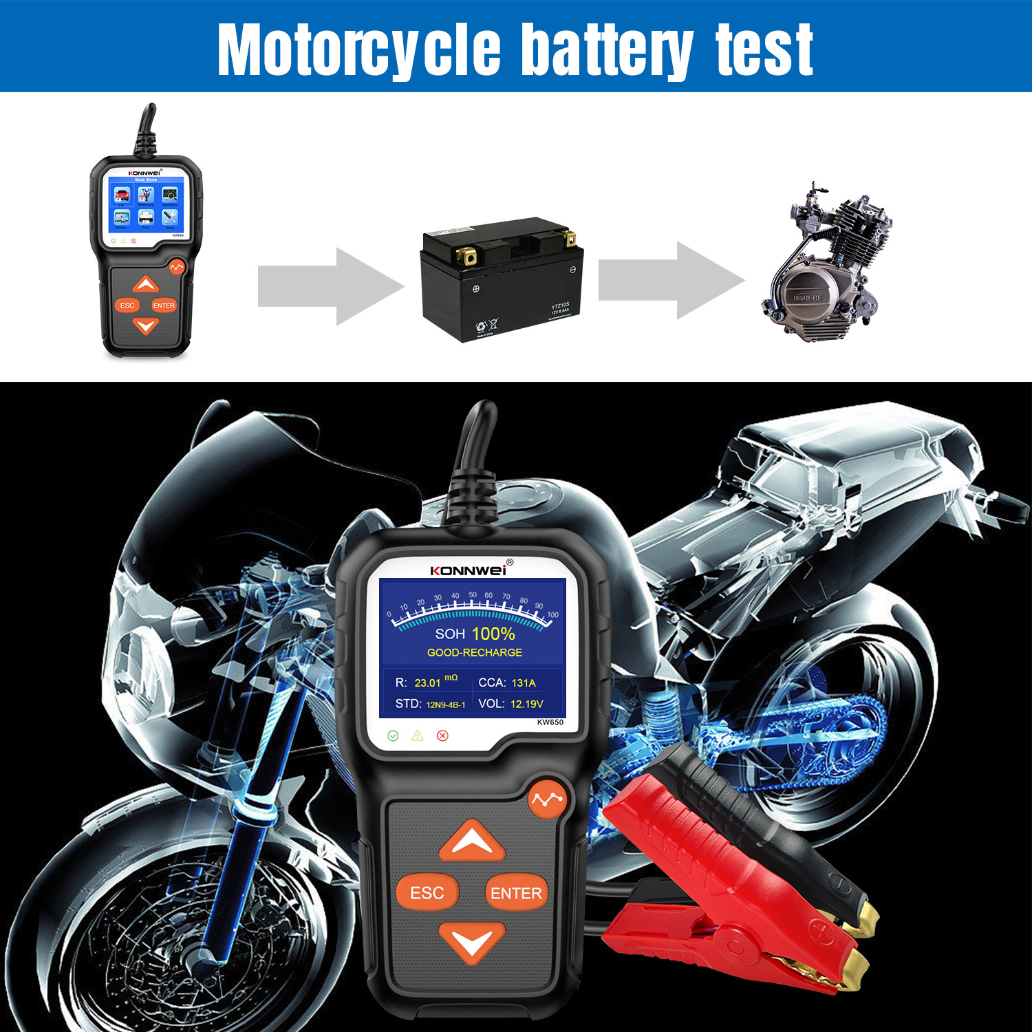 Motorrad-Batterietester zeigt Motorradbatterietest an. Nahaufnahme.