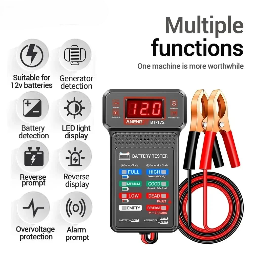 Batterietester mit mehreren Funktionen: 12V Batterie, Generator, LED-Anzeige, Rückwärtsmeldung.
