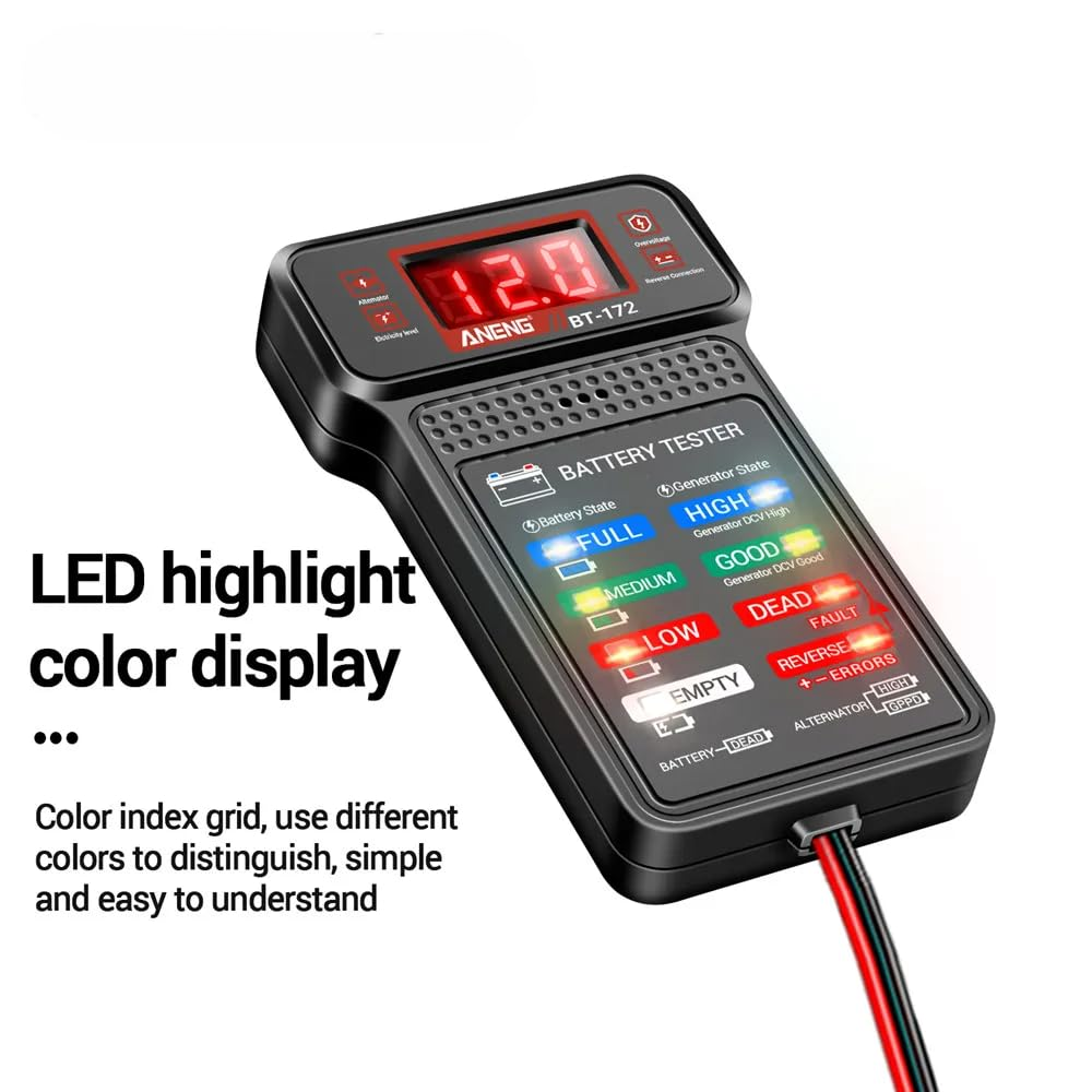 Schwarzer Batterietester mit rotem LED-Display und farbigen Statusanzeigen.