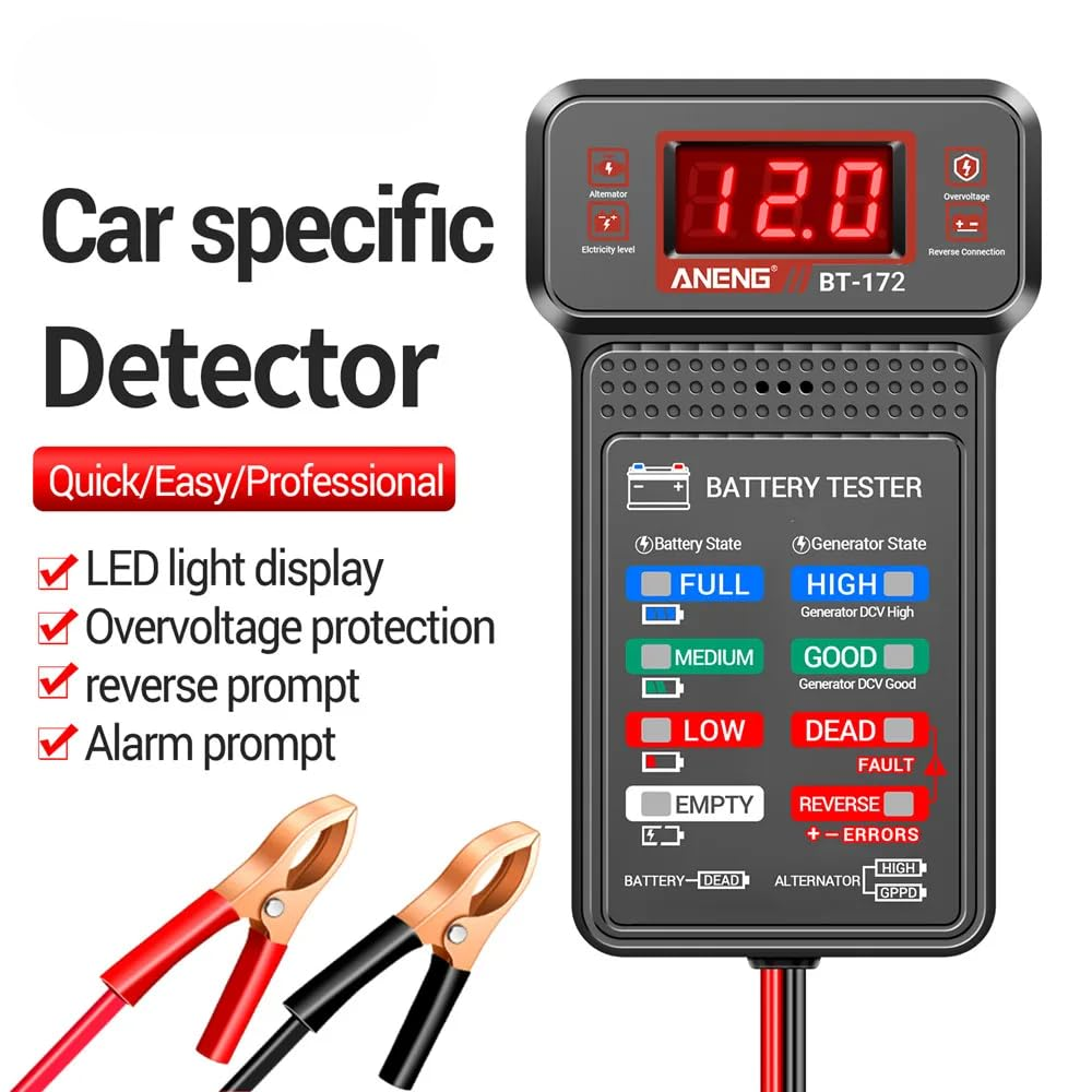 Ein Auto-Batterietester mit rotem LED-Display, das 12.0 anzeigt. Er hat Klemmen.