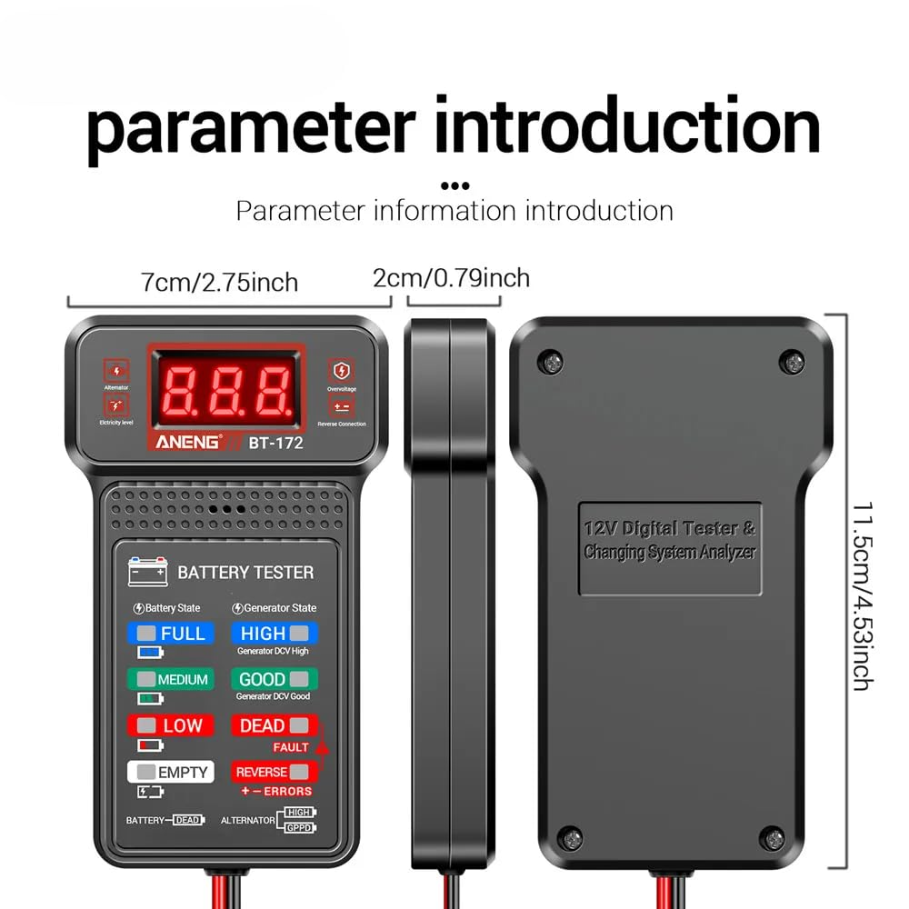 Ein schwarzes 12V Digital-Batterietestgerät mit Display und Tasten zur Zustandsanzeige.