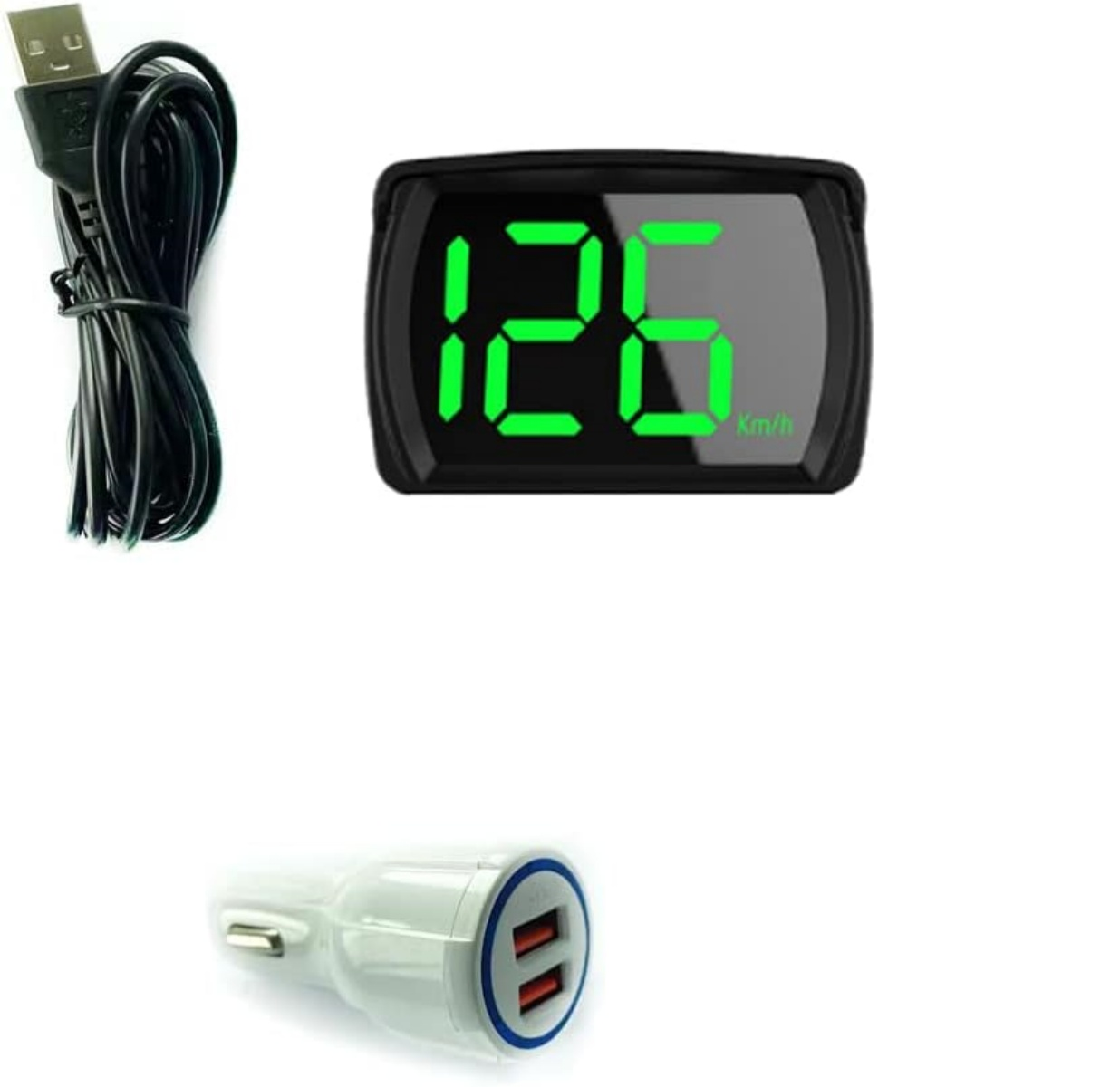 Ein schwarzes USB-Kabel, ein digitales Display mit grüner 126-Anzeige und ein weißer Dual-USB-Autoladegerät.