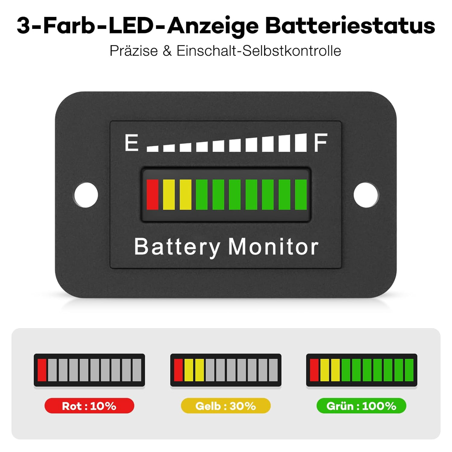 3-Farben-LED-Batterieanzeige mit Ladezustandsbalken und Prozentangaben.