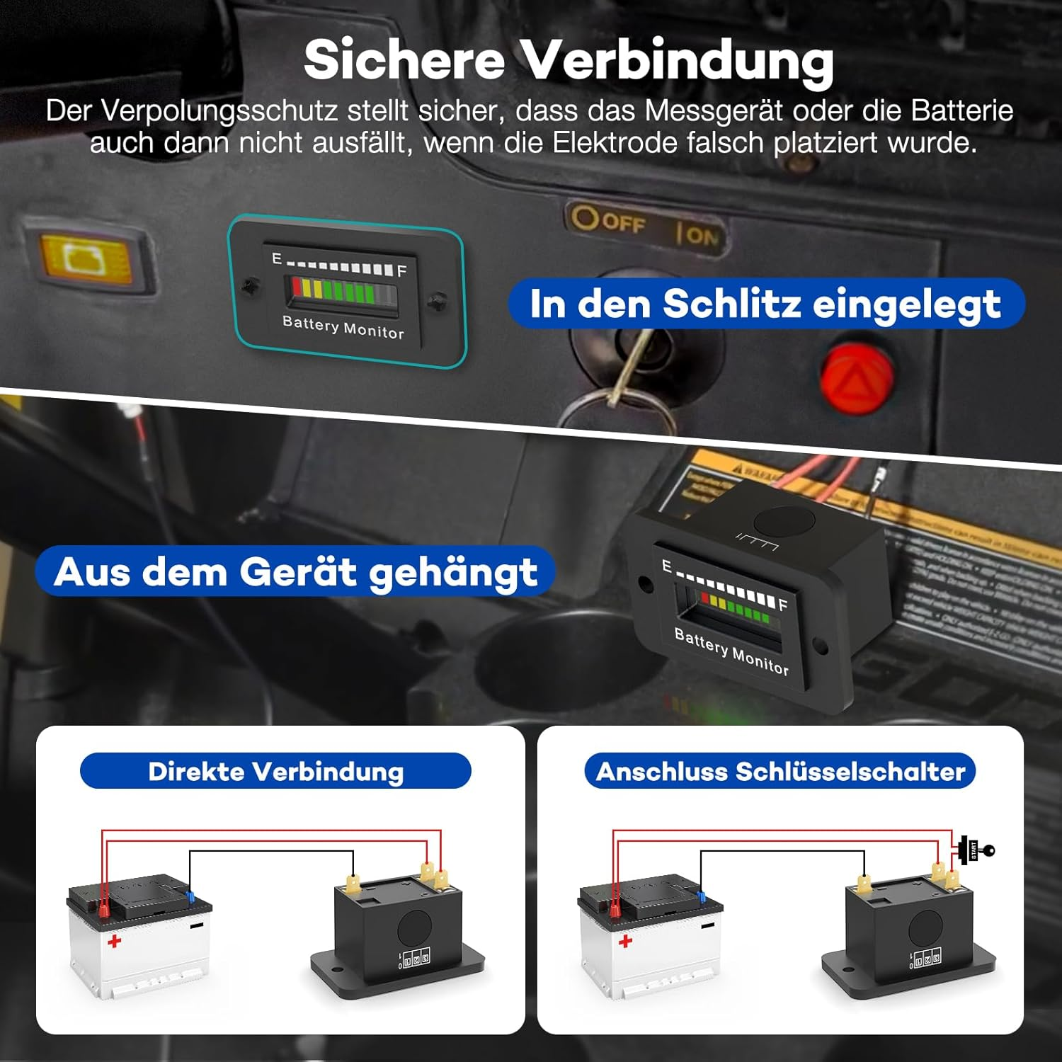 Bild zeigt einen Batterie-Monitor und zwei Anschlussdiagramme: eine direkte Verbindung und eine mit Schlüsselschalter.