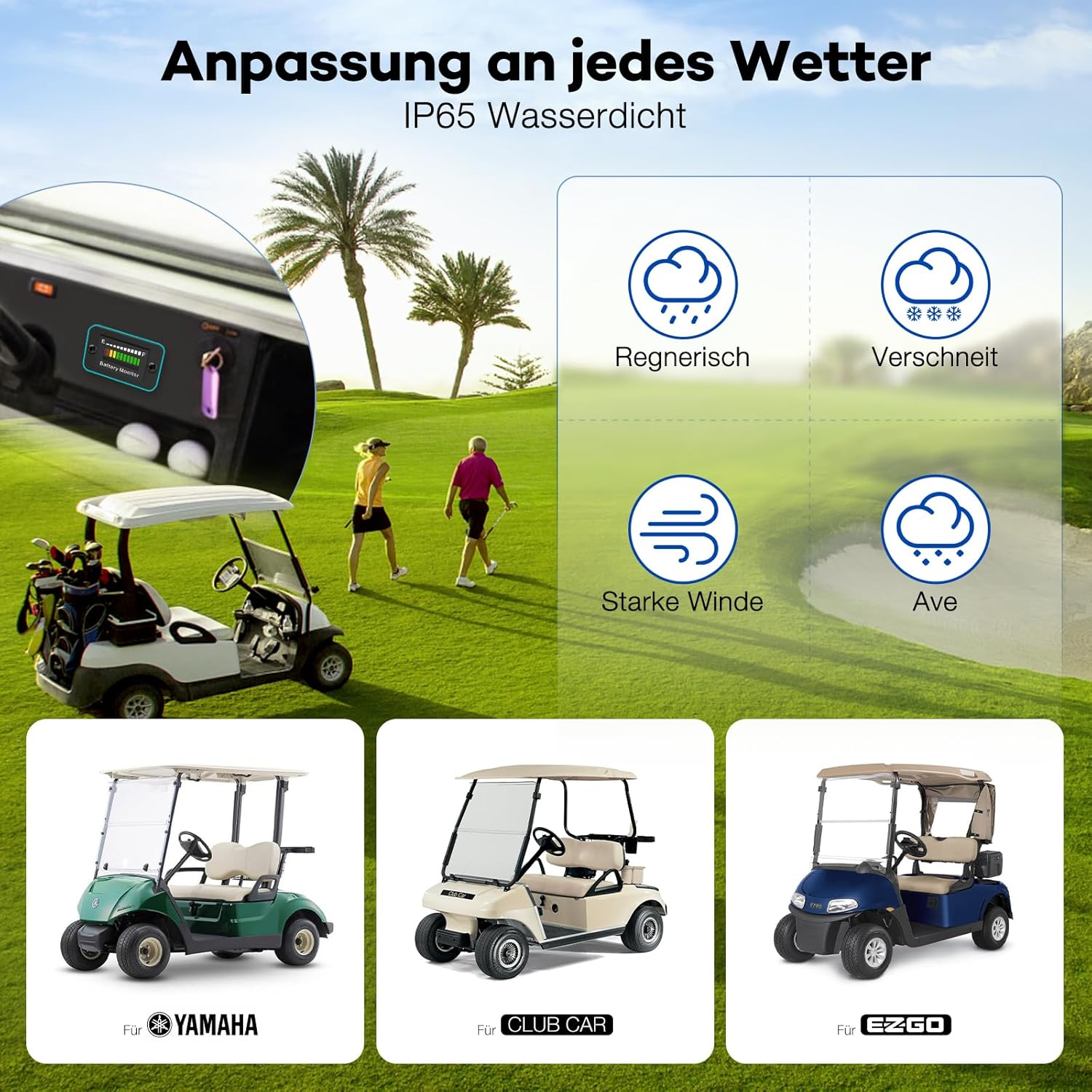 Golfcarts in verschiedenen Farben und ein Display mit Wetter-Symbolen.