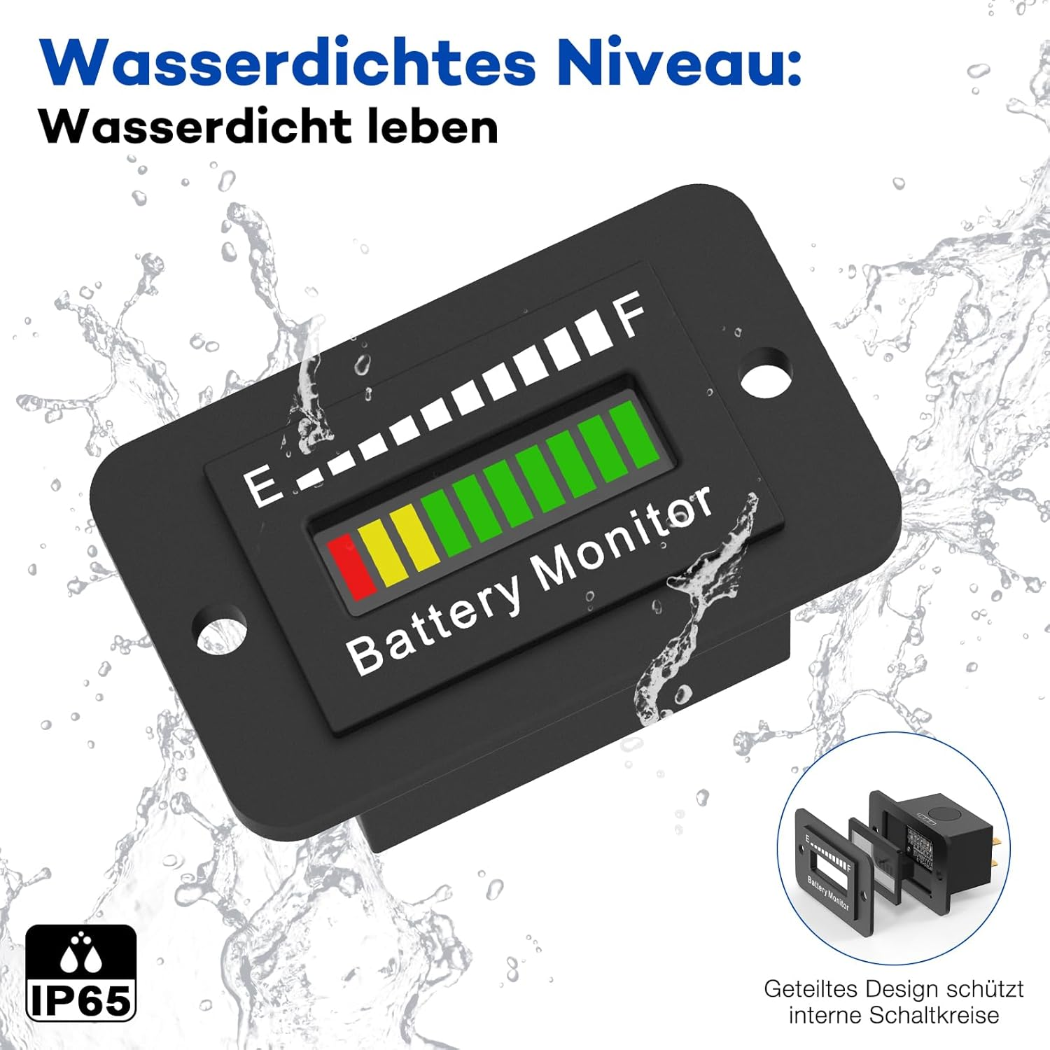 Wasserdichter Batterie Monitor mit IP65 Schutz und Wasser-Effekt.