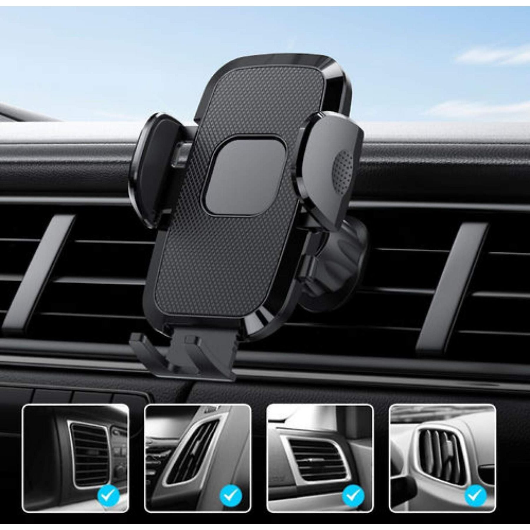 Ein schwarzer Auto-Handyhalter klemmt an einem Lüftungsschlitz mit kleinen Bildern darunter.