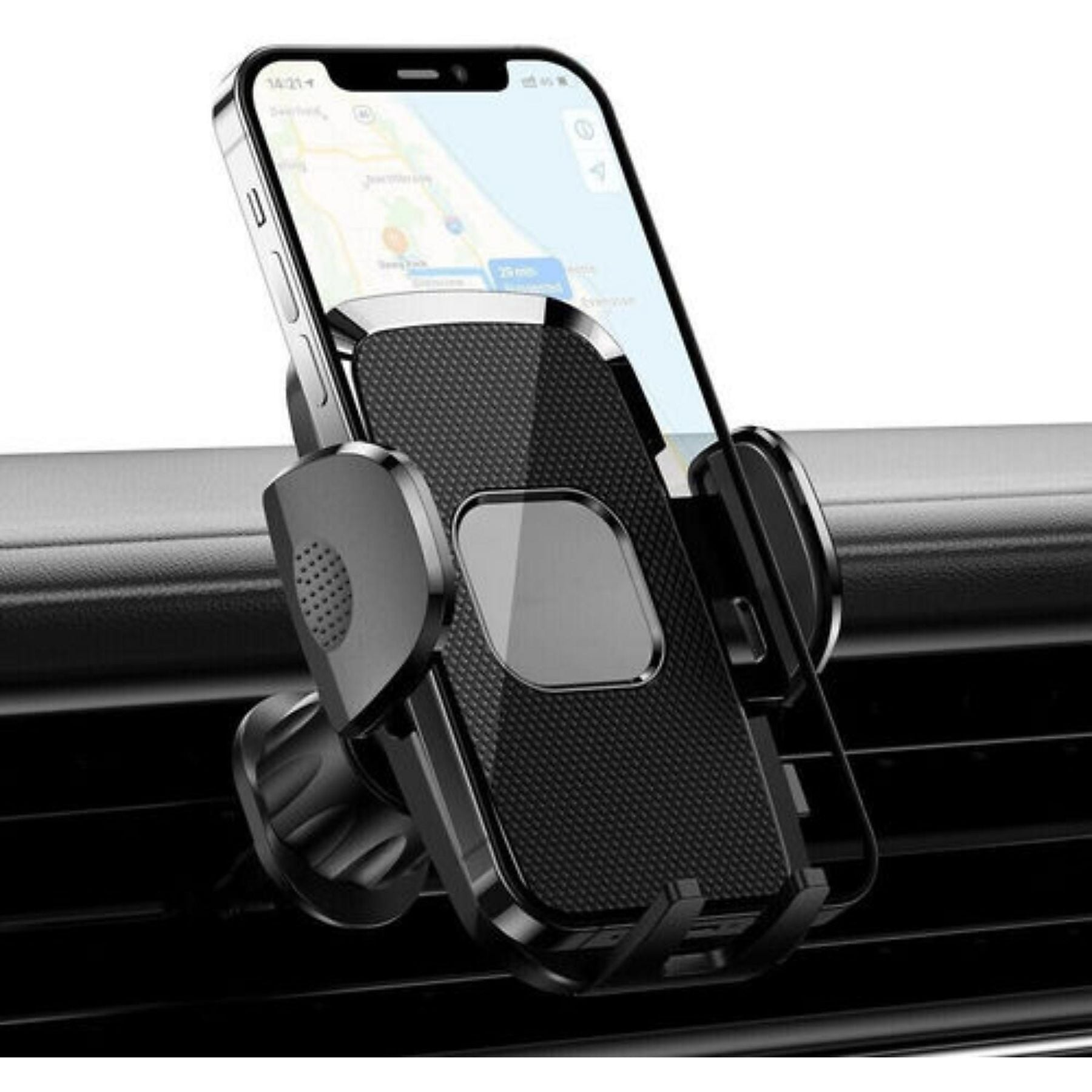 Ein schwarzer Handyhalter mit einem Smartphone, das eine Navigations-App anzeigt, an einem Autoluftauslass befestigt.