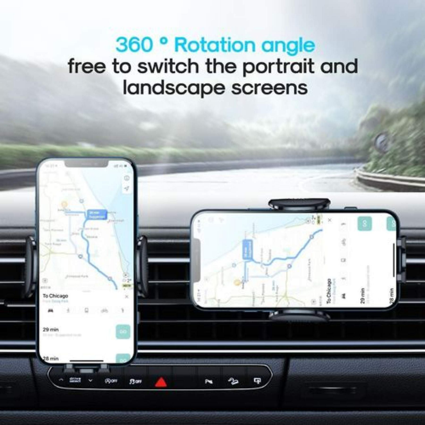 Zwei Handys mit Navigations-App in einer Autohalterung, im Porträt- und Querformat.