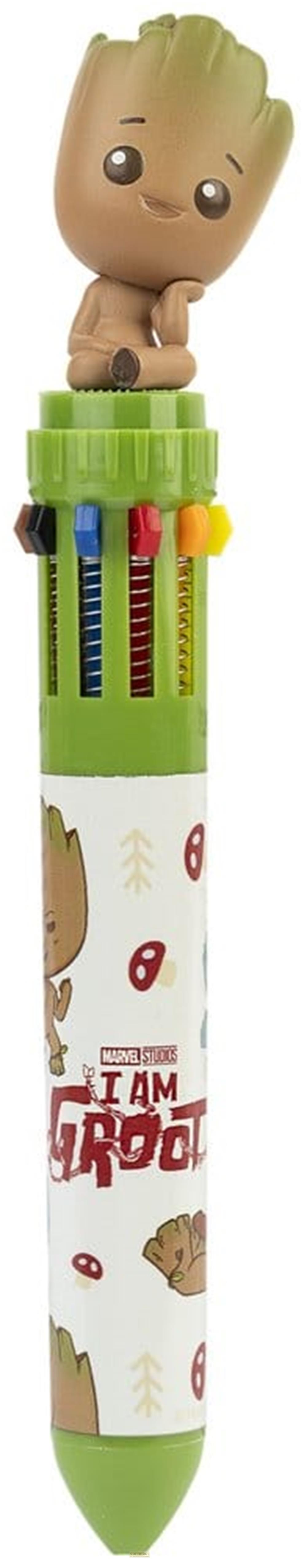 Ein grüner Stift mit einem Groot-Figurenkopf oben und bunten Stiftminen.
