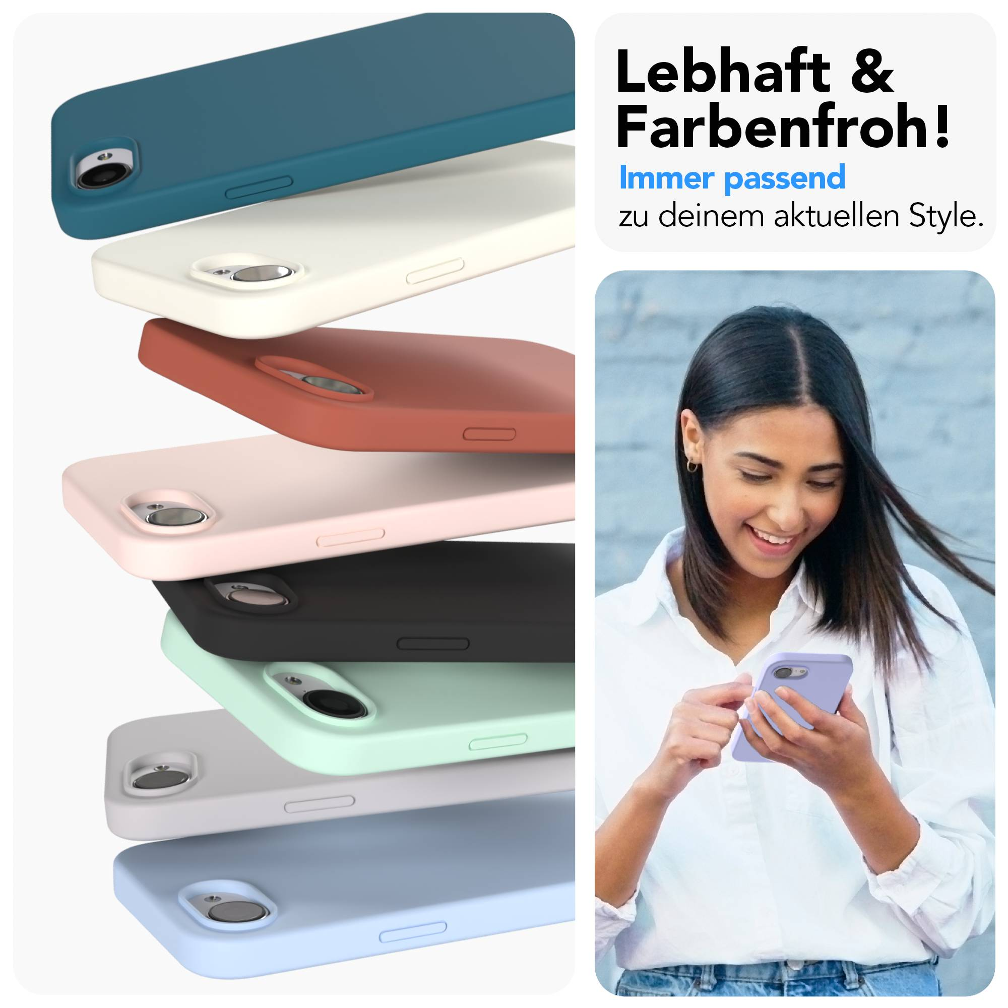 Mehrere Handyhüllen in Pastellfarben gestapelt. Eine Frau hält ein lila Handy.