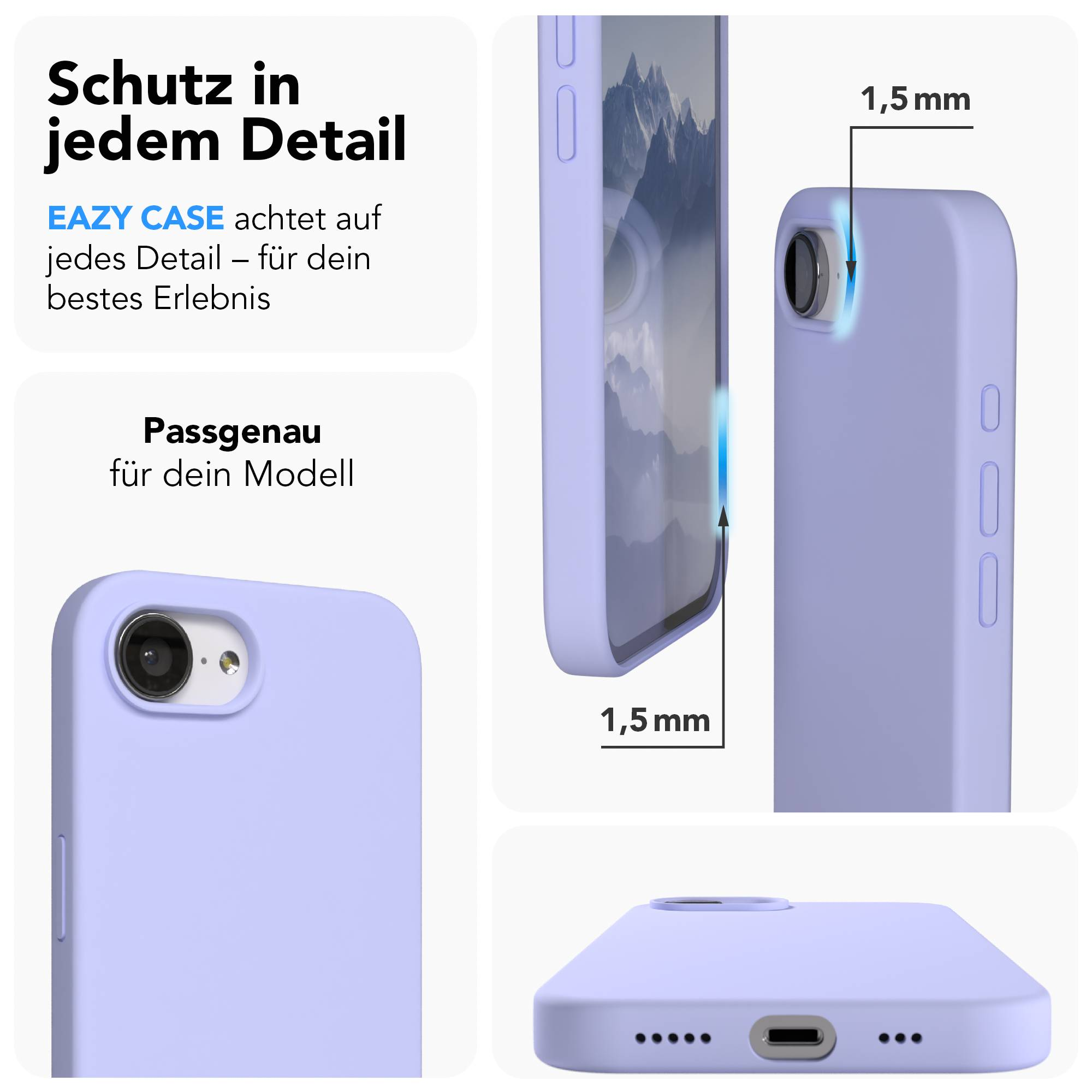 Lavendelfarbene Handyhülle zeigt Kamera und Ladeanschluss. 1,5 mm Dicke.