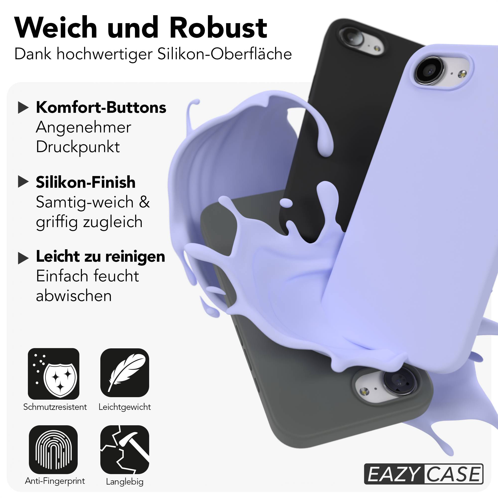 Drei Handyhüllen in Lila, Schwarz und Grau mit flüssigem Splash-Effekt.