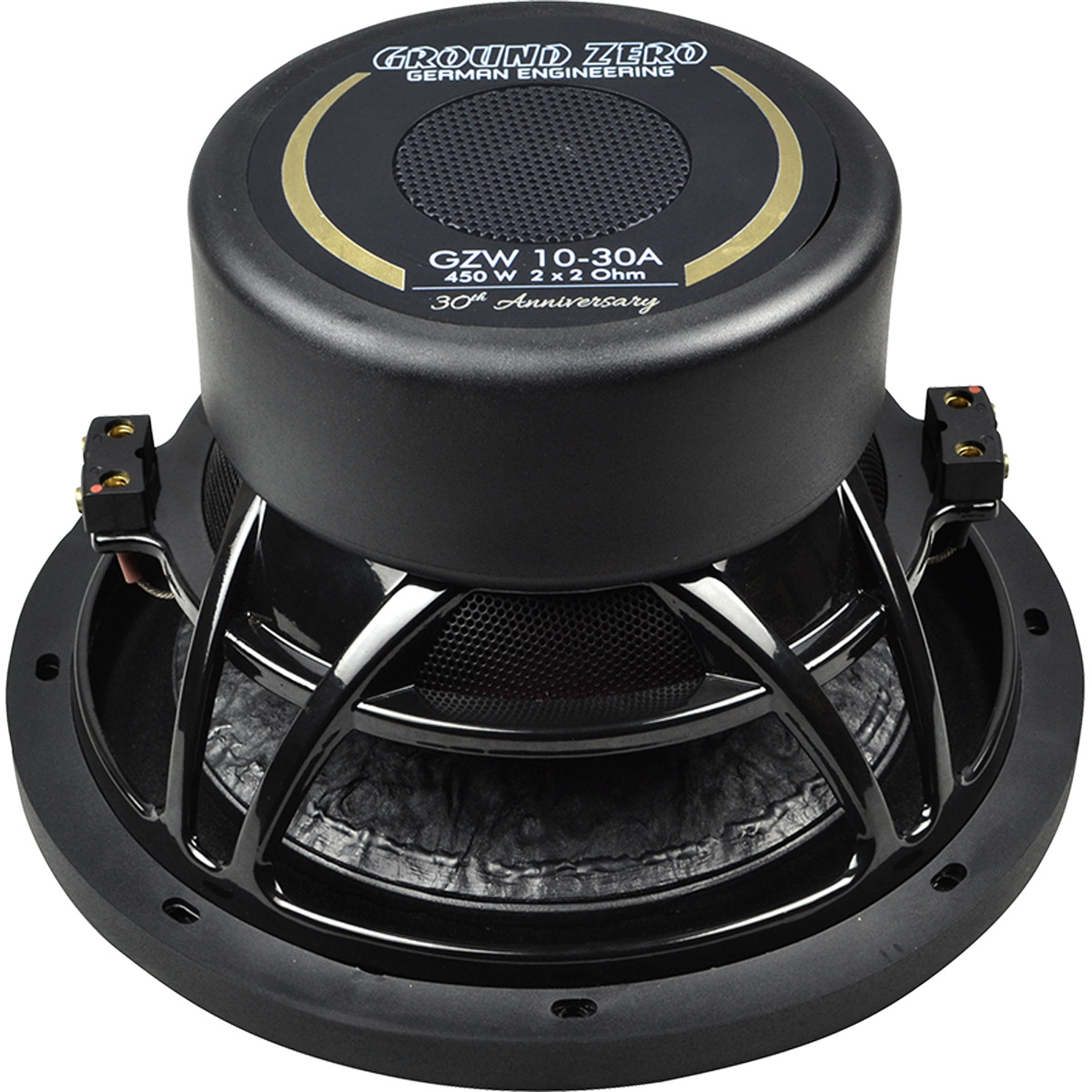 Schwarzer Subwoofer mit "Ground Zero"-Logo und technischen Daten.