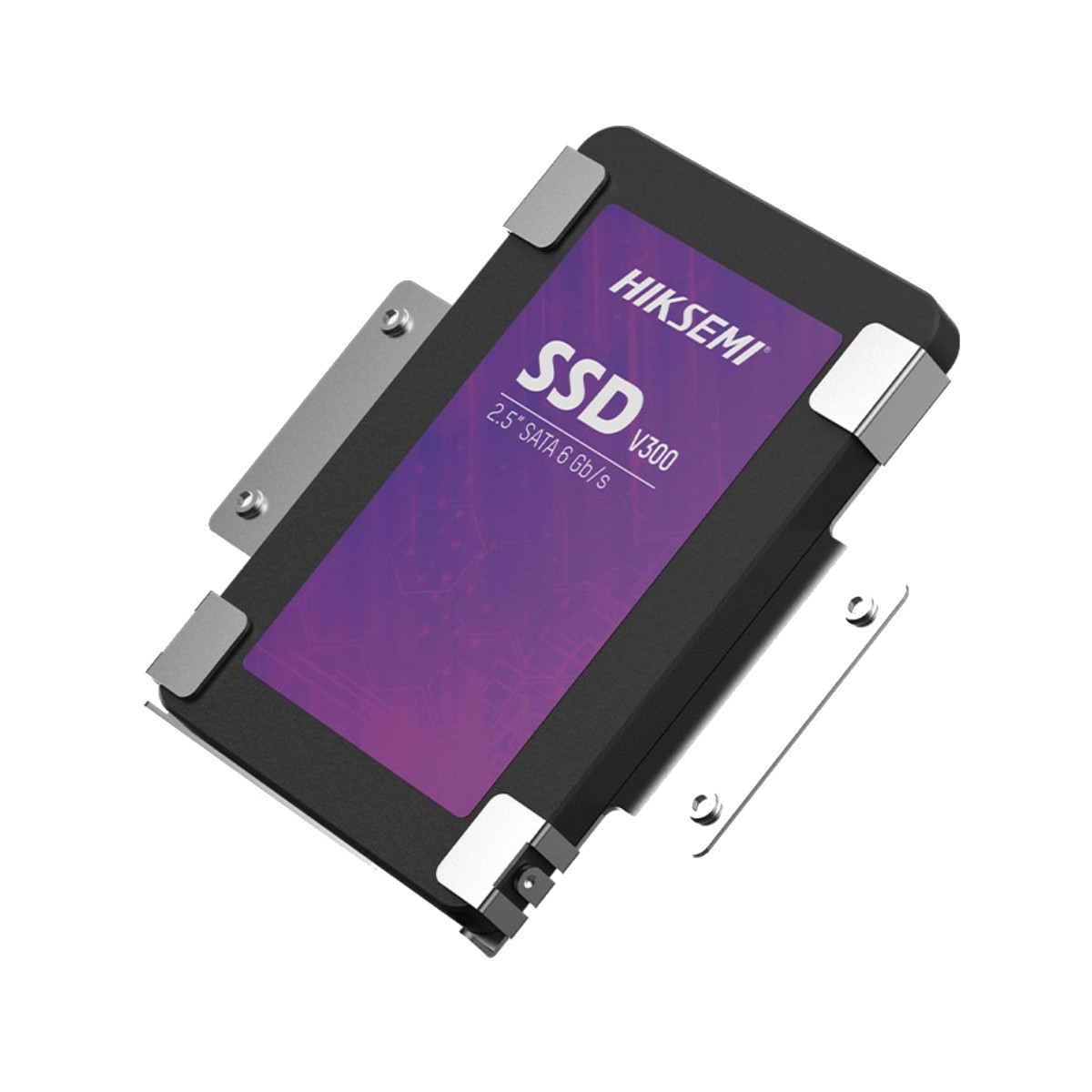 Eine schwarze 2,5-Zoll-SSD mit einem lila Etikett, das HIKSEMI SSD V300 zeigt.